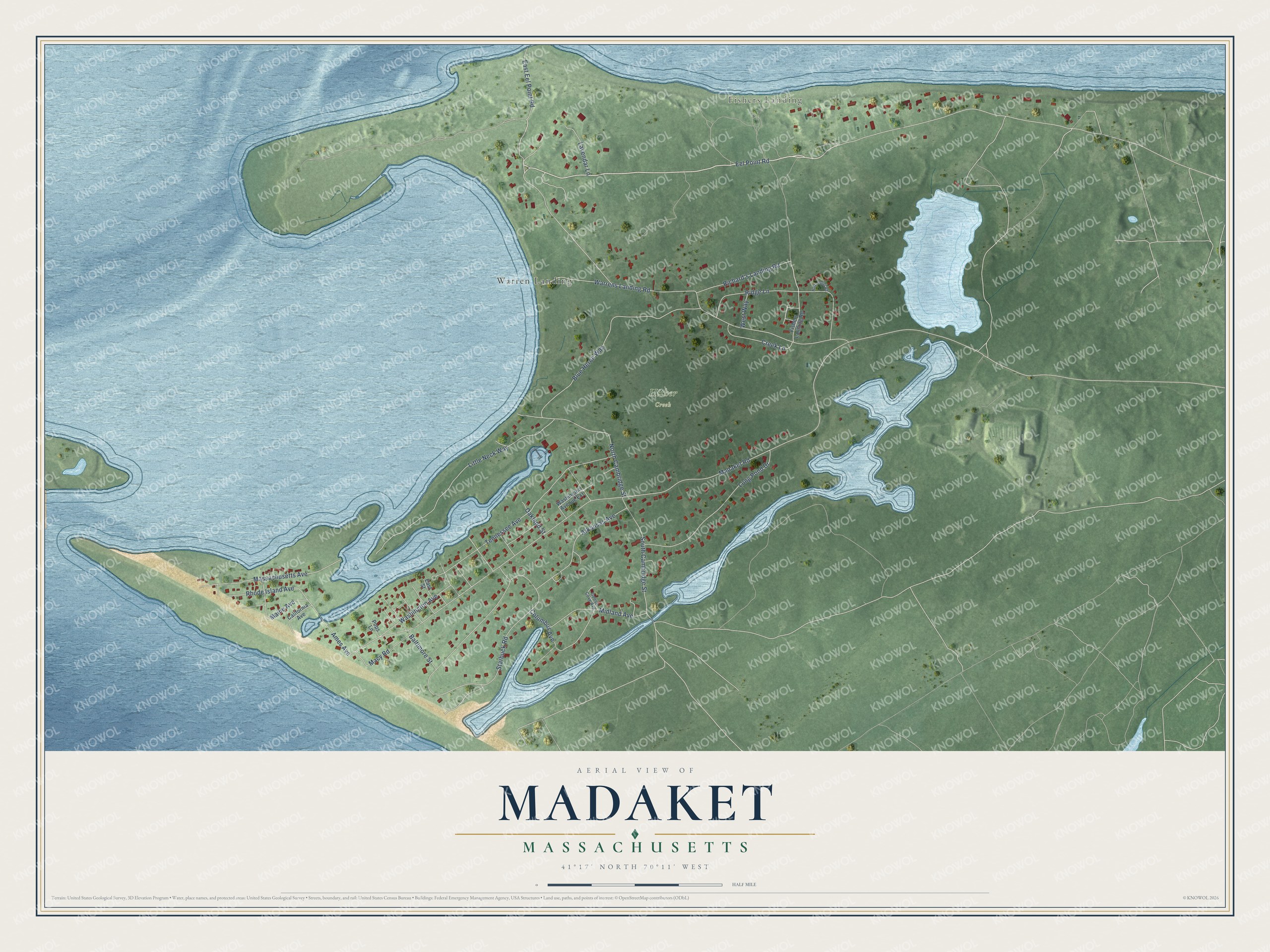 Full map of Madaket, Massachusetts, with red buildings, printed street names and the land around them