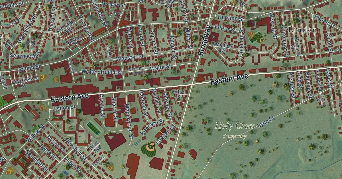 Close-up of streets and buildings in Malden, Massachusetts