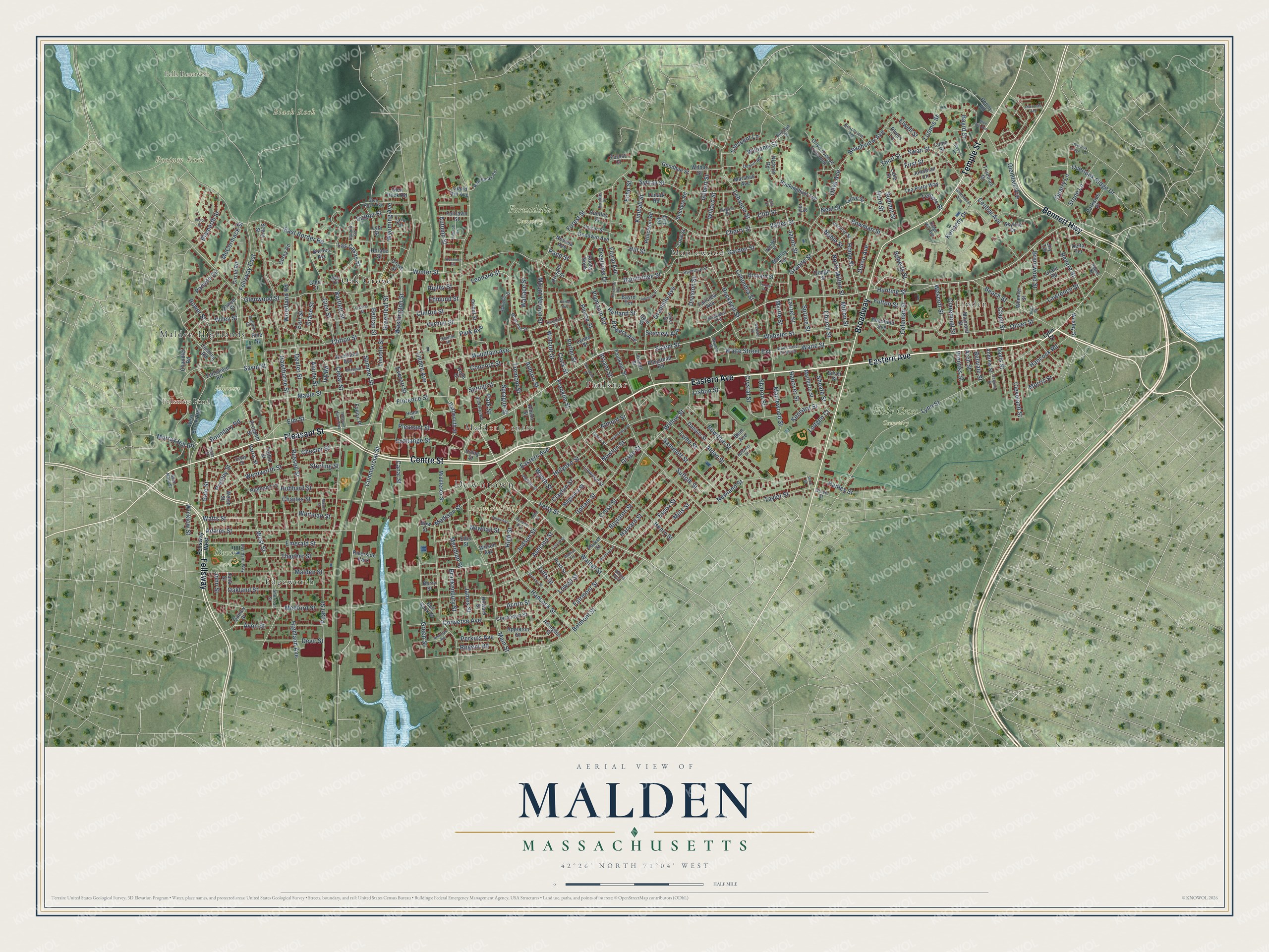 Map of Malden, Massachusetts, with Pleasant Street, Eastern Avenue and Fellsmere Pond