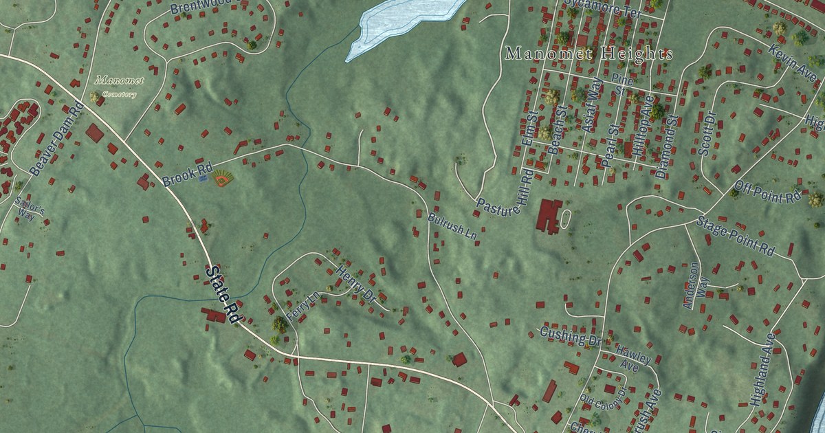 Close-up of streets and buildings in Manomet, Massachusetts