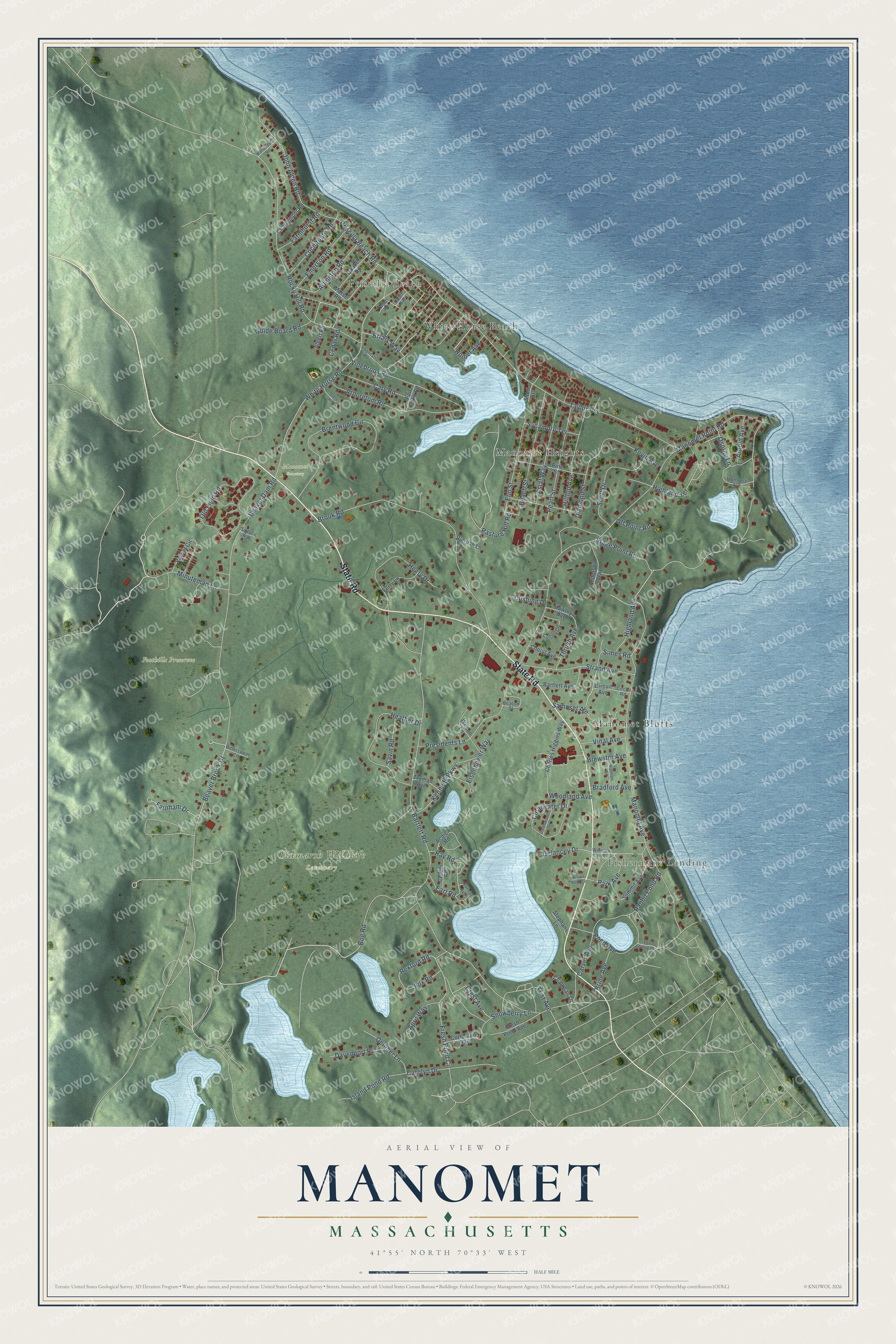 Full map of Manomet, Massachusetts, with red buildings, printed street names and the land around them