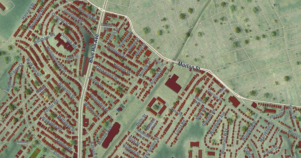 Close-up of streets and buildings in Mattapan, Massachusetts