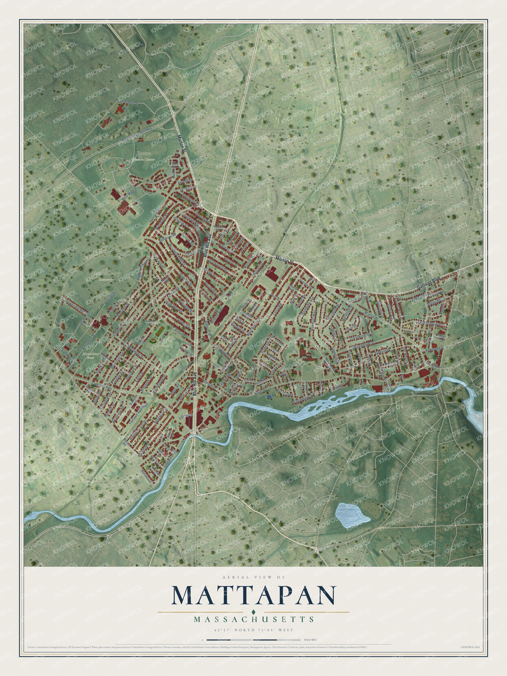 Full map of Mattapan, Massachusetts, with red buildings, printed street names and the land around them