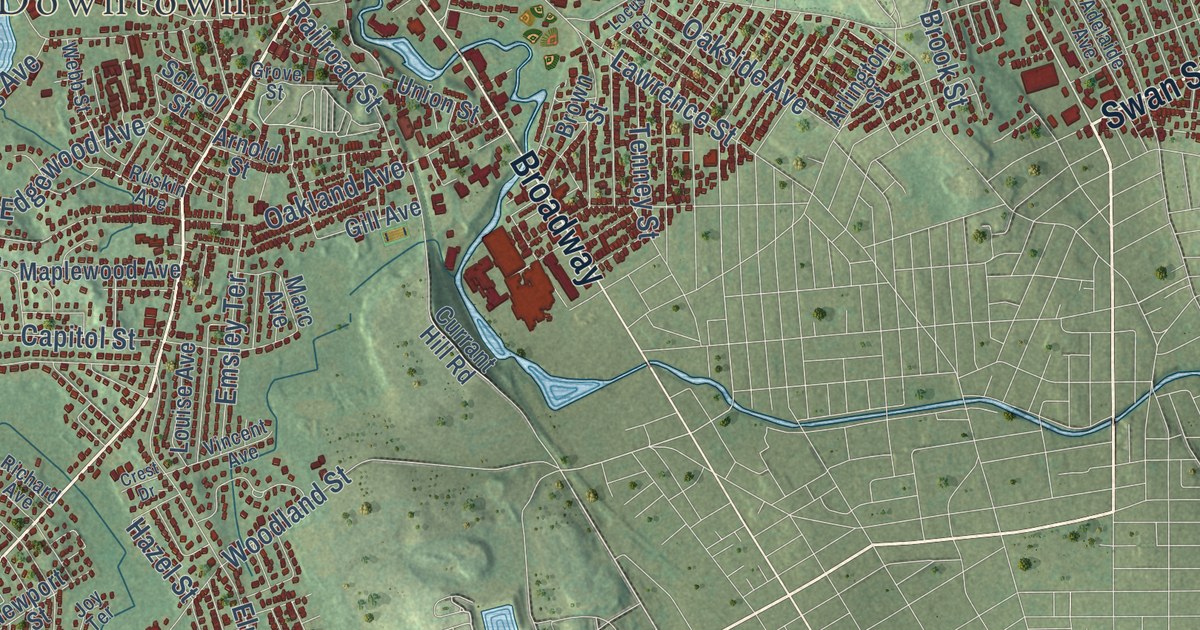 Close-up of streets and buildings in Methuen, Massachusetts