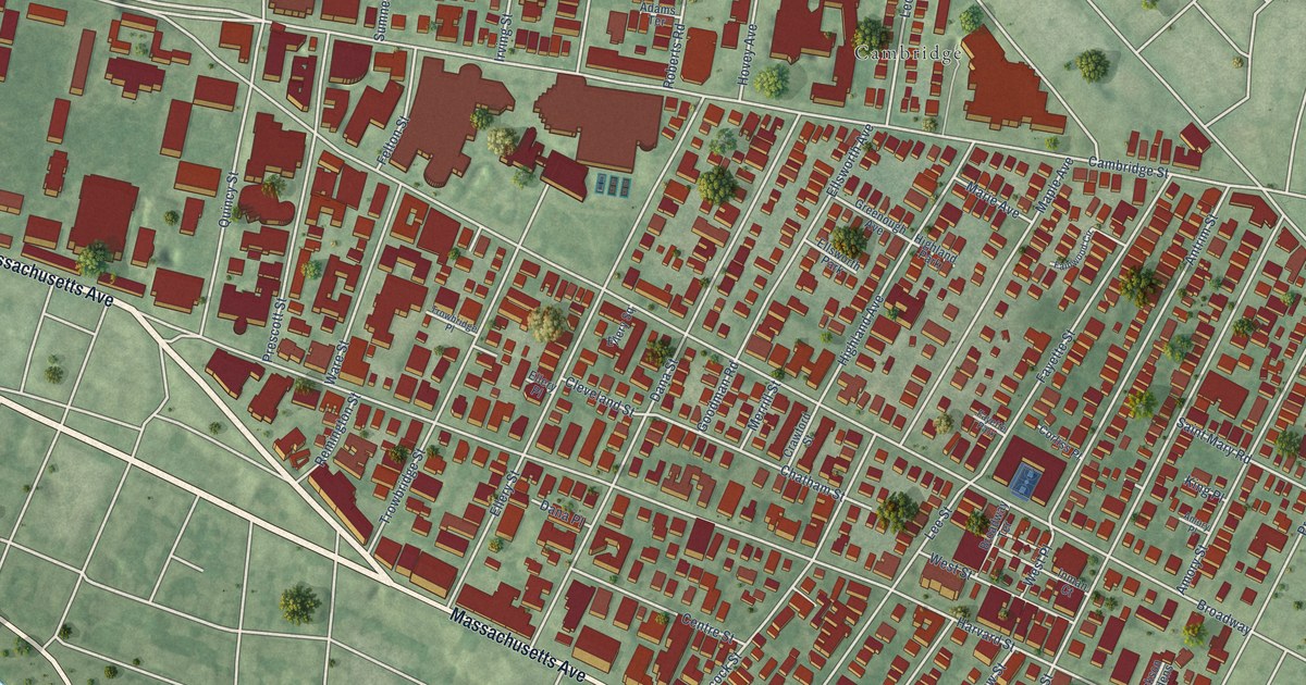 Close-up of streets and buildings in Mid-Cambridge, Massachusetts