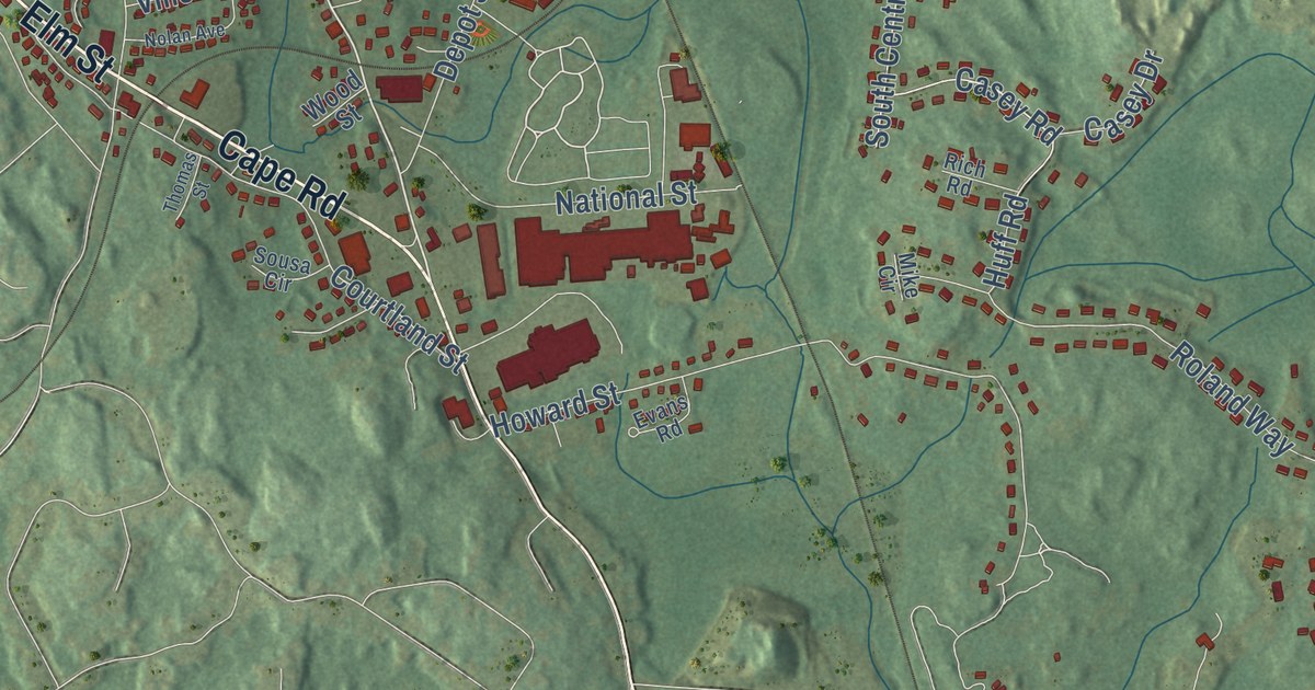 Close-up of streets and buildings in Milford, Massachusetts