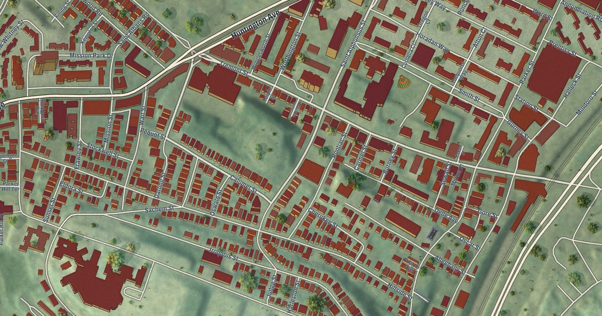 Close-up of streets and buildings in Mission Hill, Massachusetts