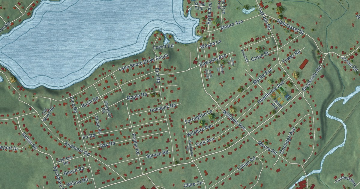 Close-up of streets and buildings in Nabnasset, Massachusetts