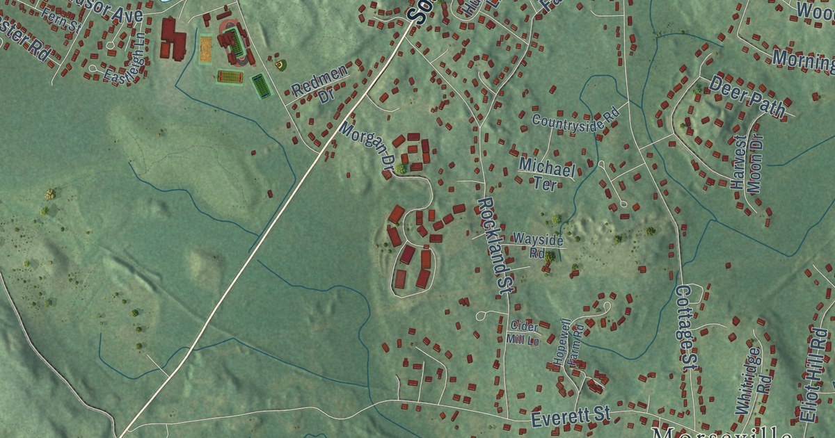 Close-up of streets and buildings in Natick, Massachusetts