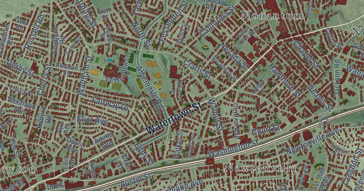 Close-up of streets and buildings in Newton, Massachusetts