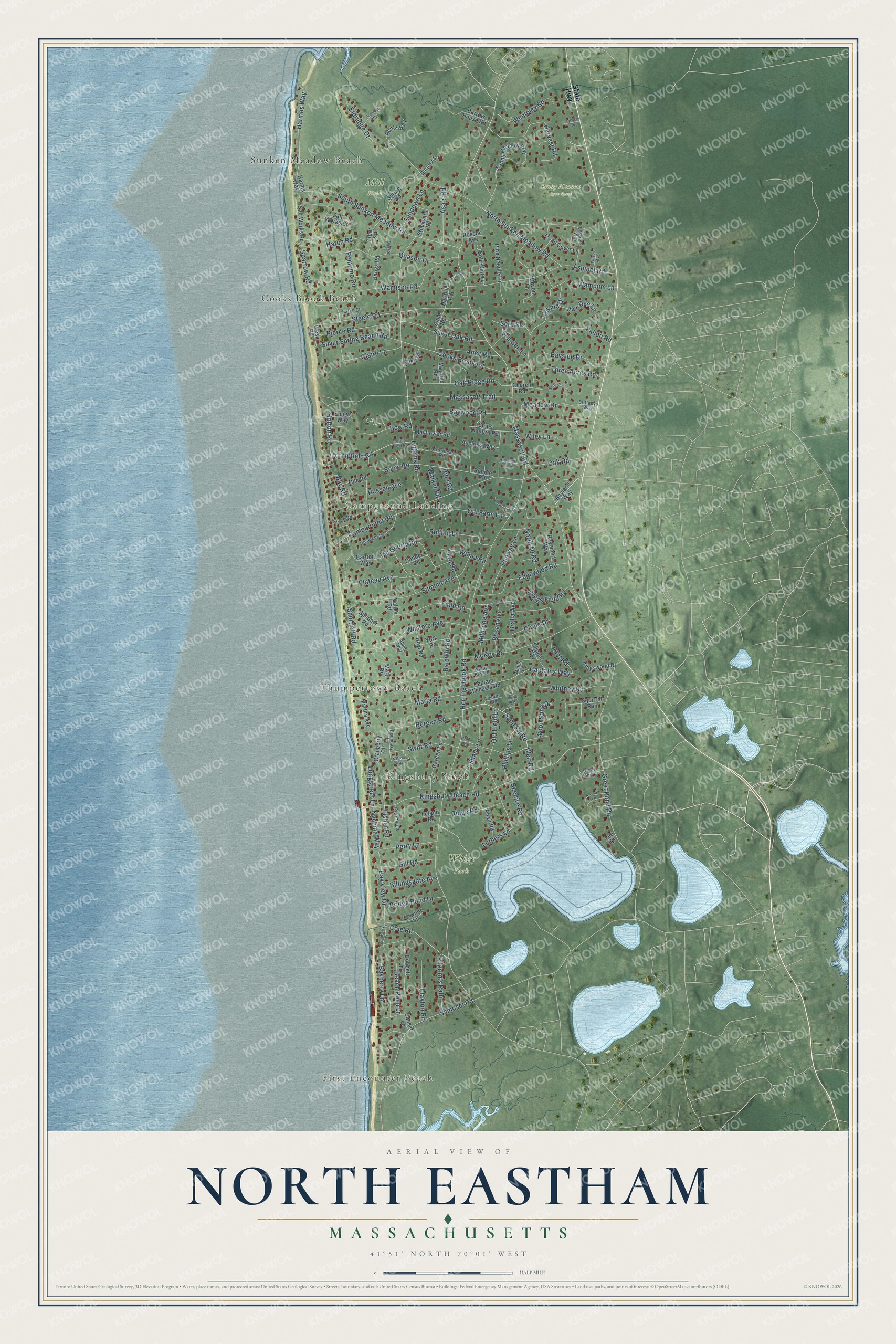 Full map of North Eastham, Massachusetts, with red buildings, printed street names and the land around them