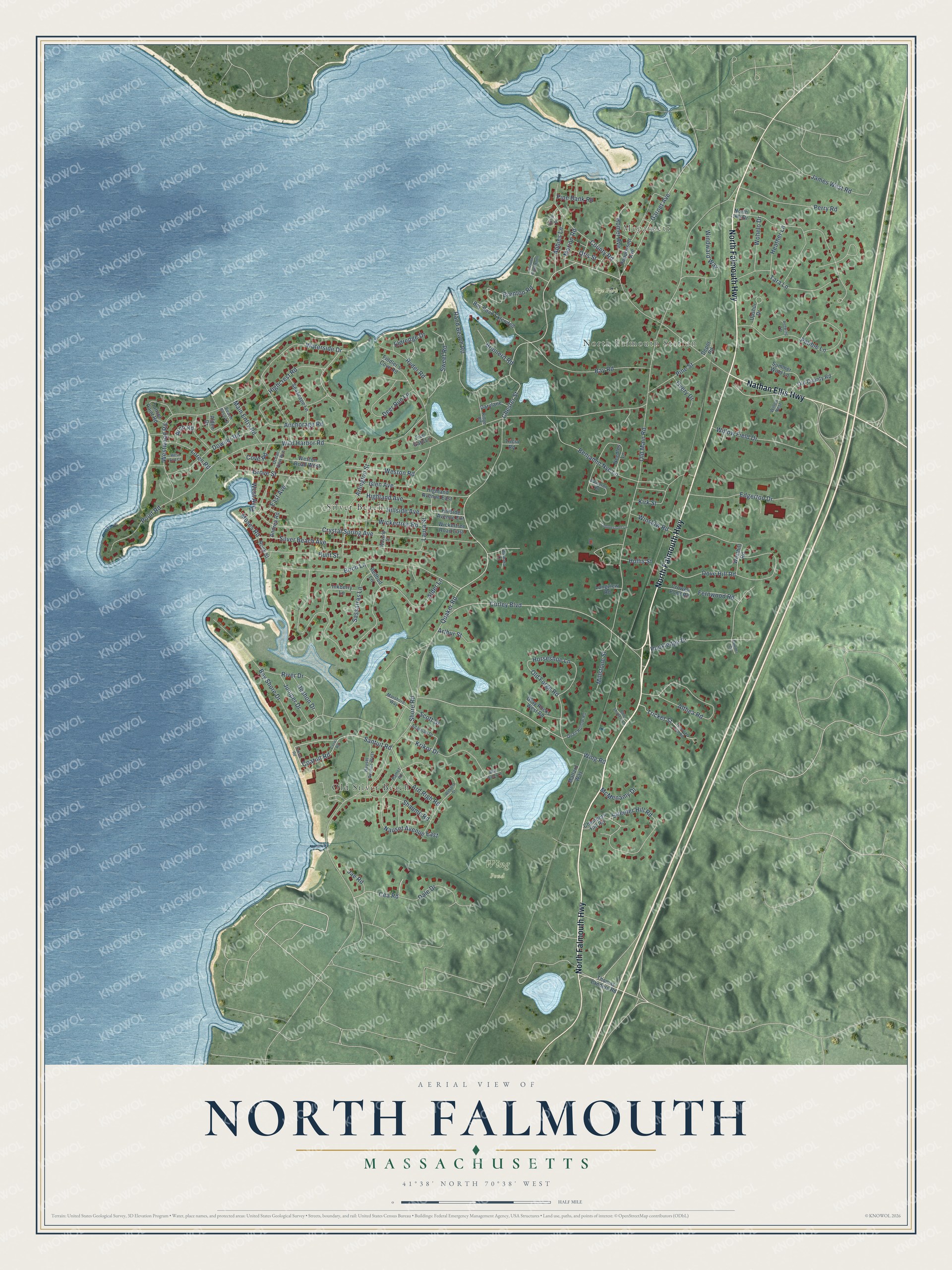 Full map of North Falmouth, Massachusetts, with red buildings, printed street names and the land around them