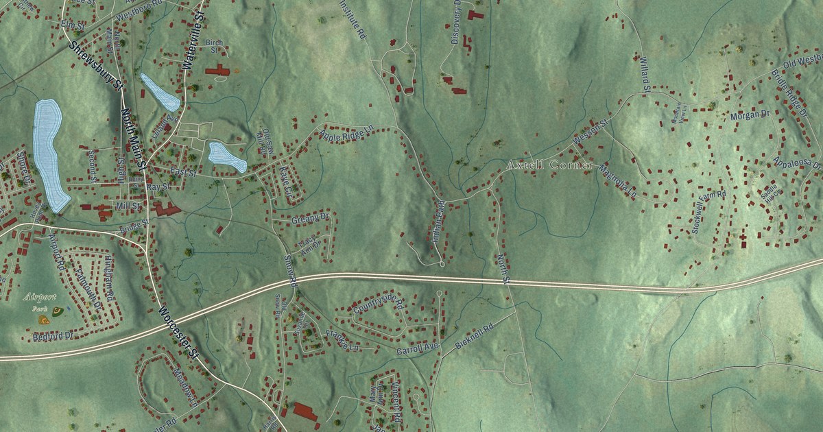 Close-up of streets and buildings in North Grafton, Massachusetts