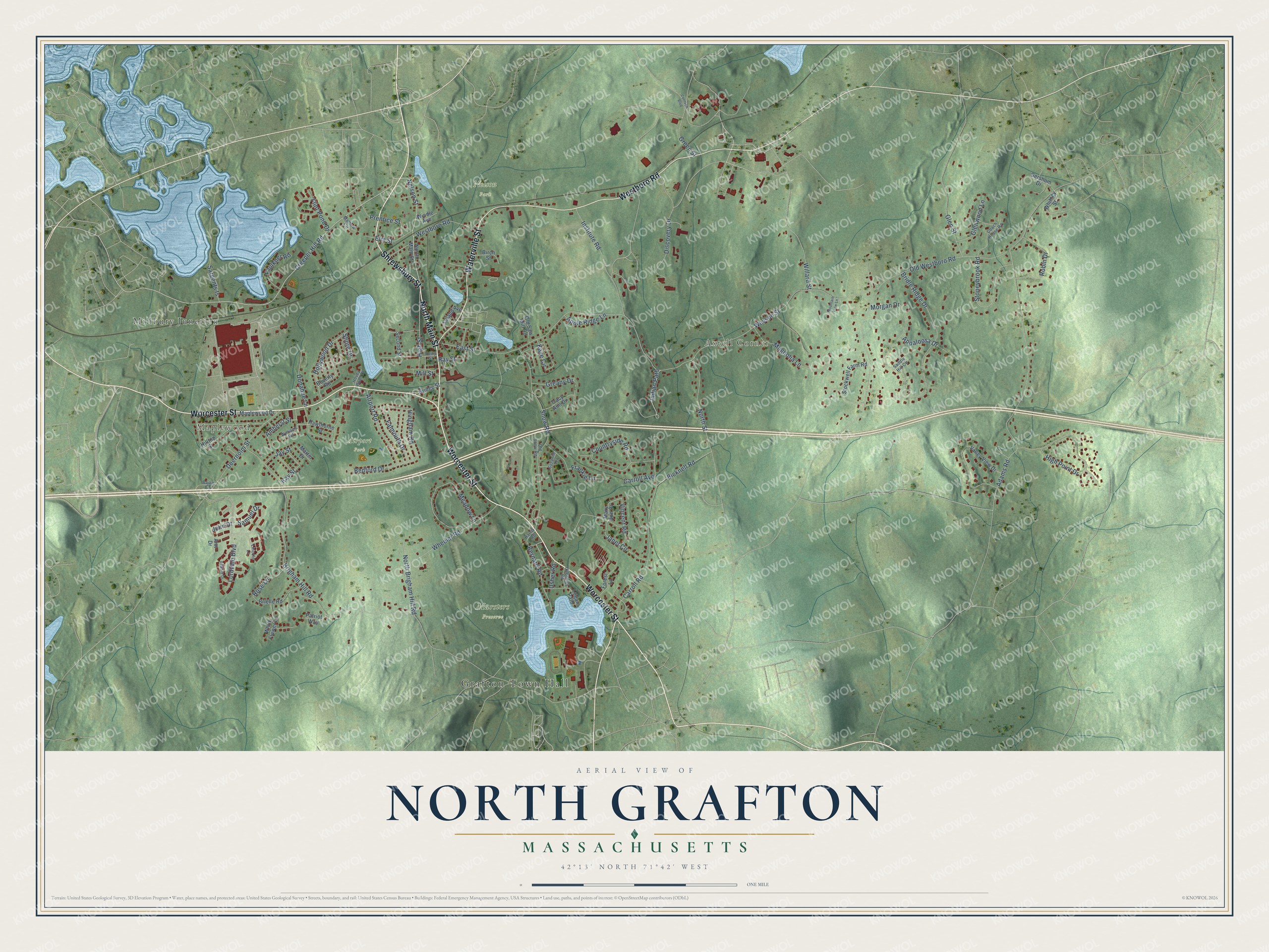 Full map of North Grafton, Massachusetts, with red buildings, printed street names and the land around them