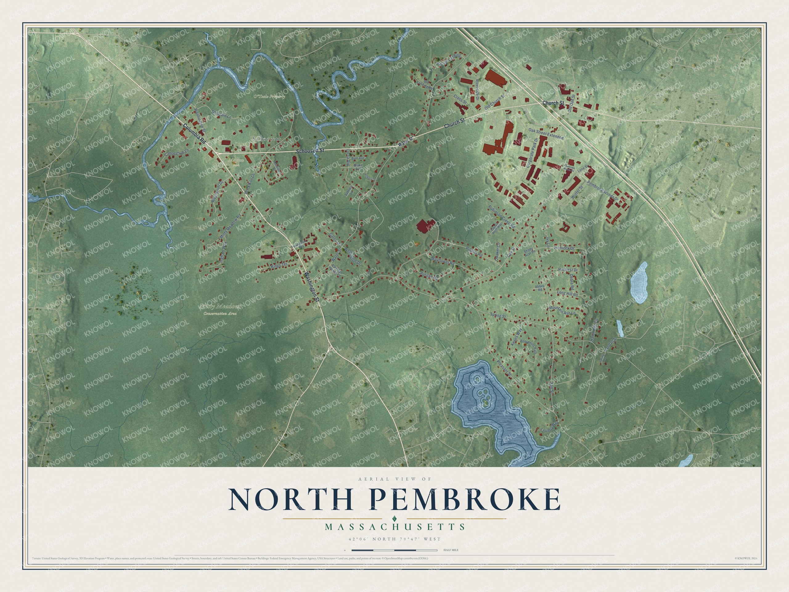Full map of North Pembroke, Massachusetts, with red buildings, printed street names and the land around them