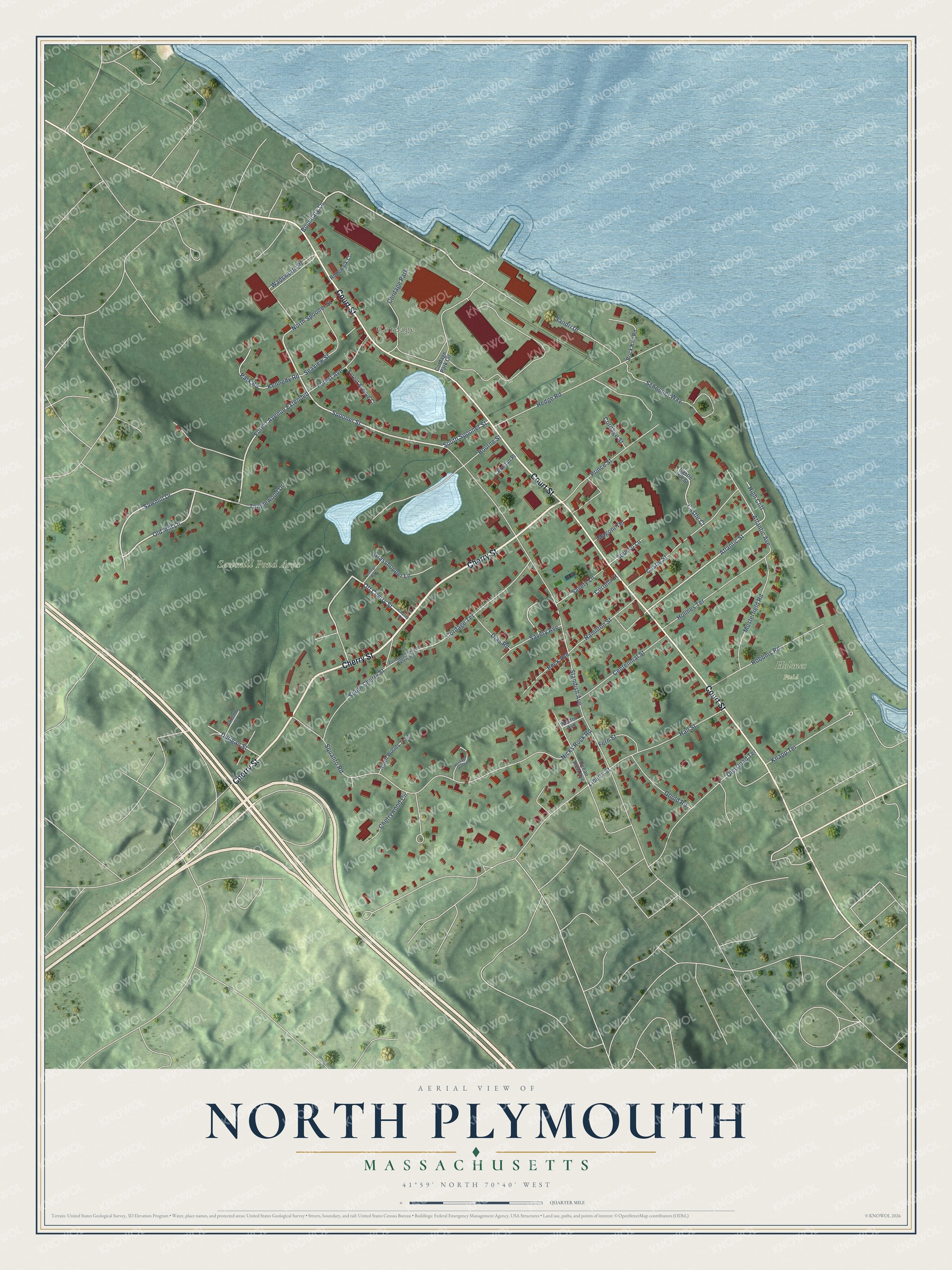 Full map of North Plymouth, Massachusetts, with red buildings, printed street names and the land around them