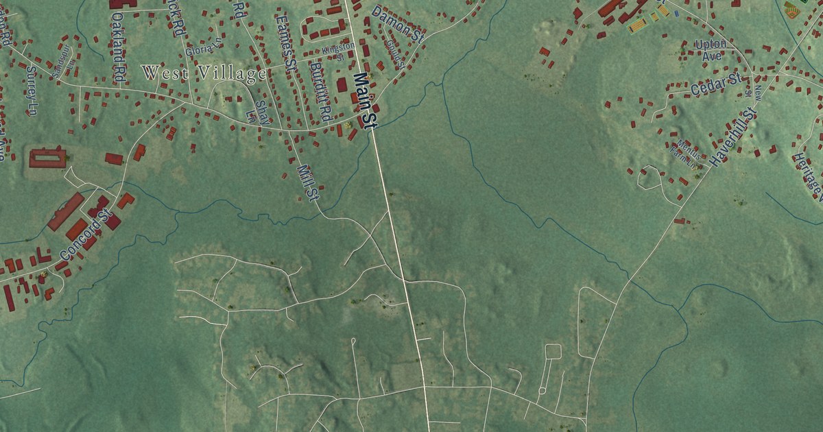 Close-up of streets and buildings in North Reading, Massachusetts