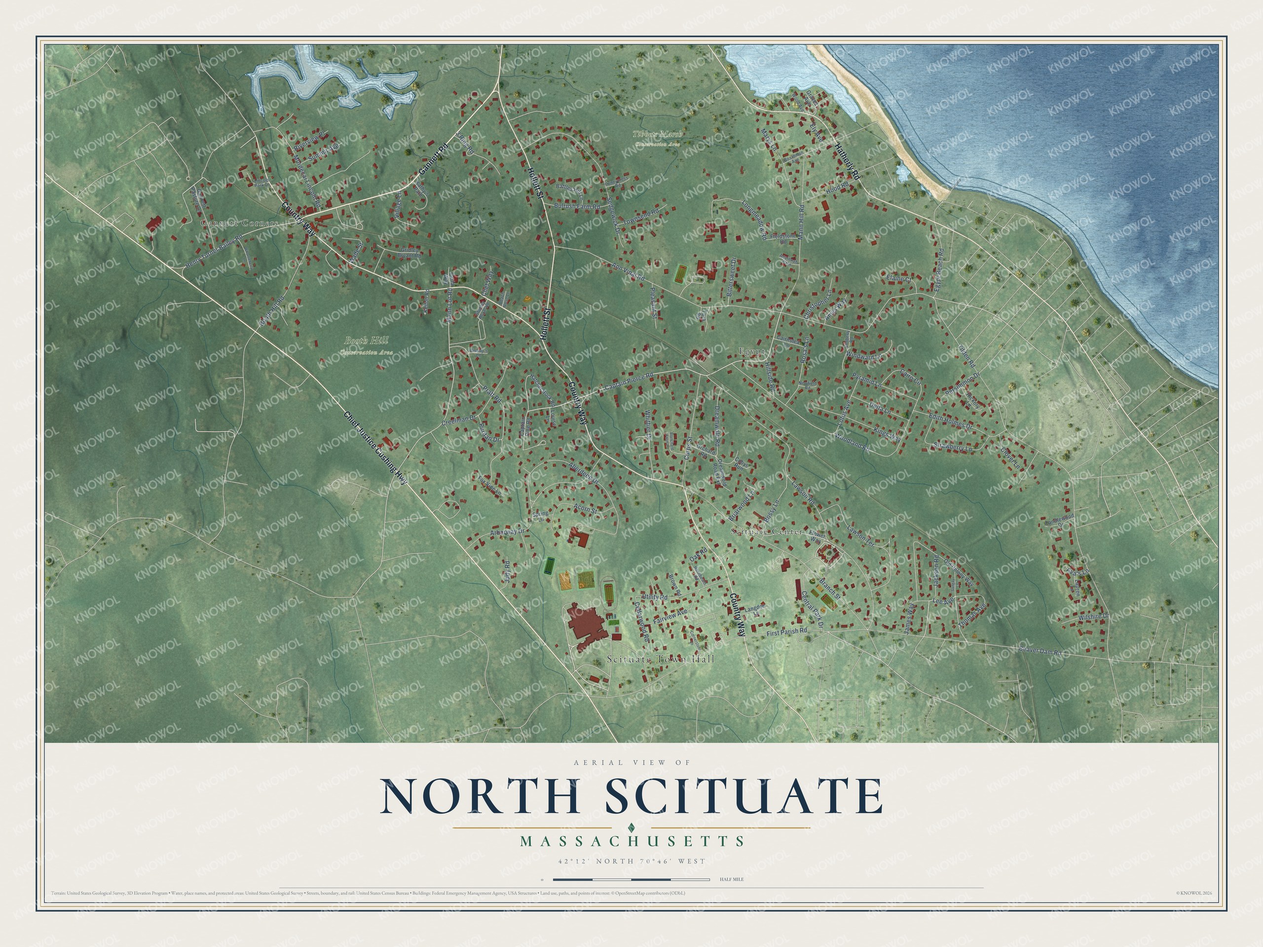 Full map of North Scituate, Massachusetts, with red buildings, printed street names and the land around them