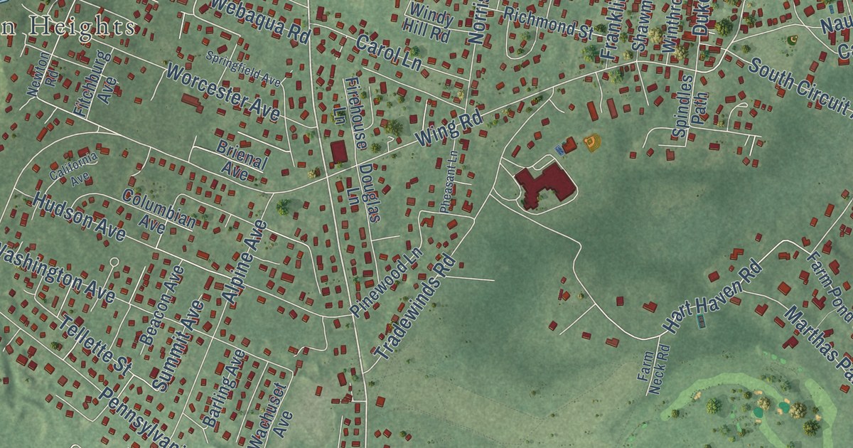 Close-up of streets and buildings in Oak Bluffs, Massachusetts