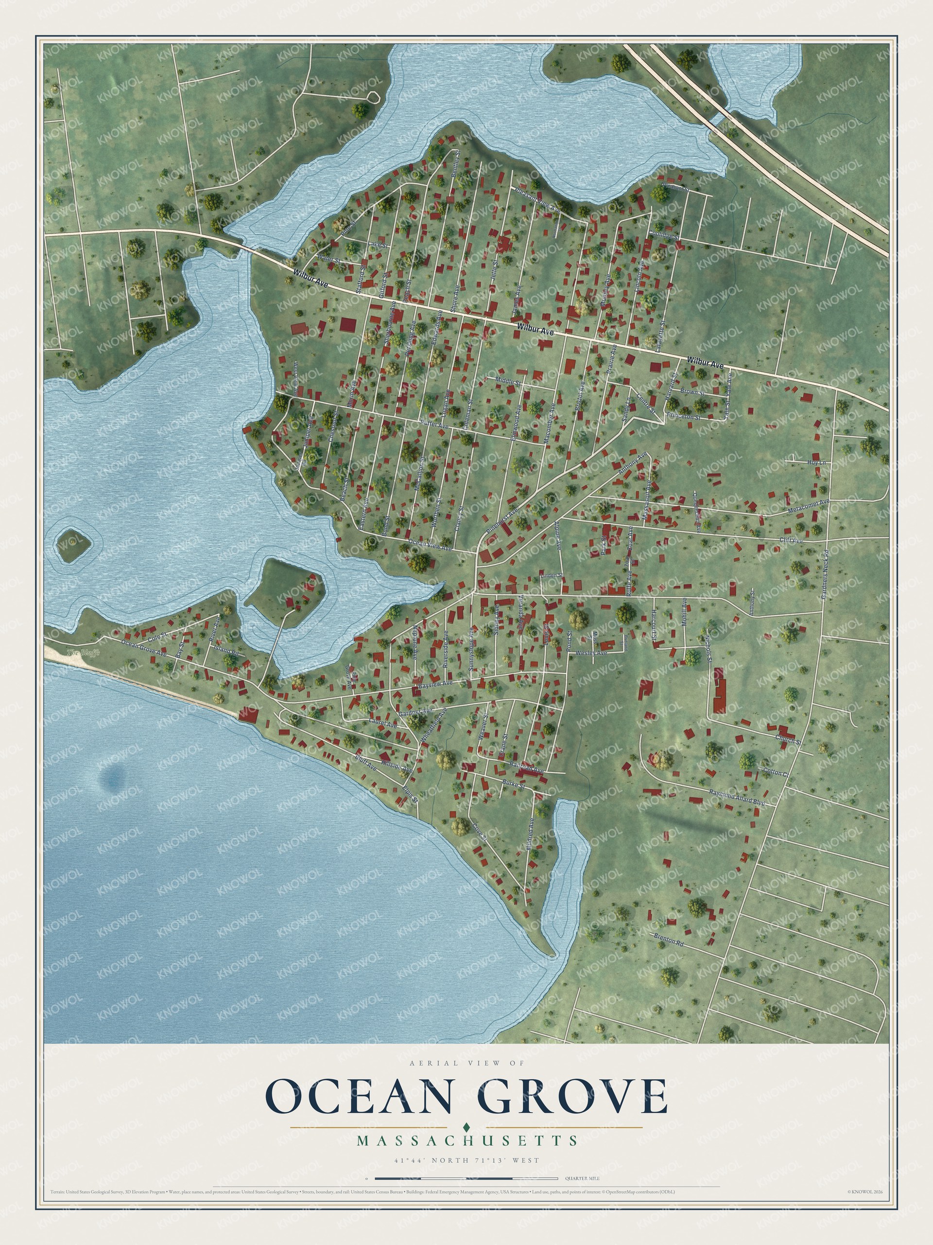 Full map of Ocean Grove, Massachusetts, with red buildings, printed street names and the land around them