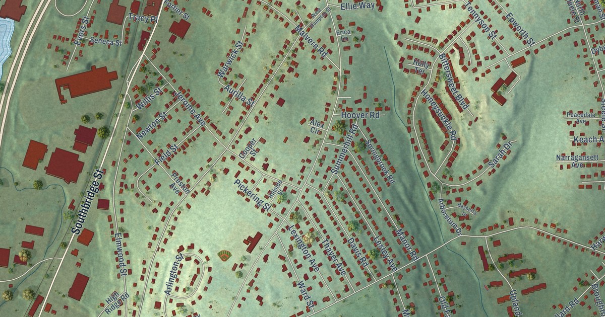 Close-up of streets and buildings in Pakachoag, Massachusetts