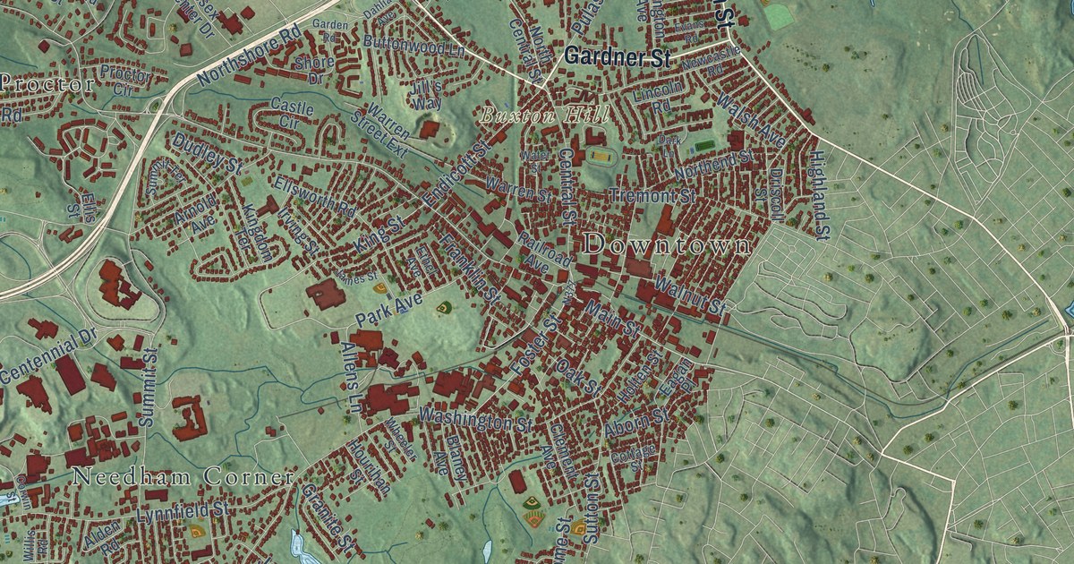 Close-up of streets and buildings in Peabody, Massachusetts