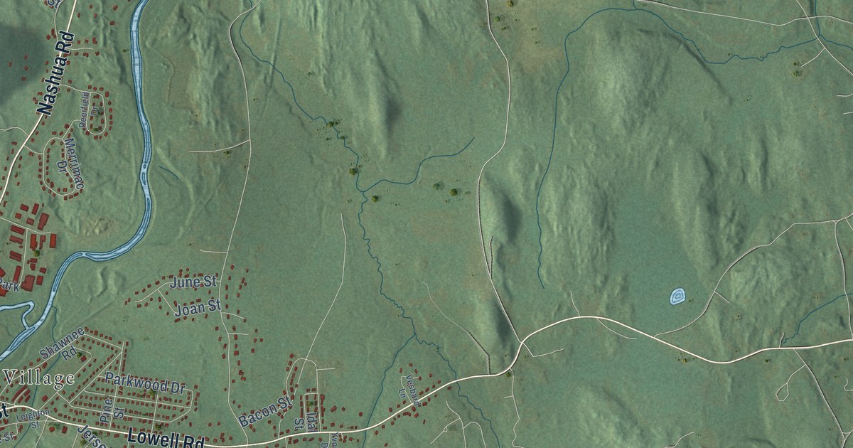 Close-up of streets and buildings in Pepperell, Massachusetts