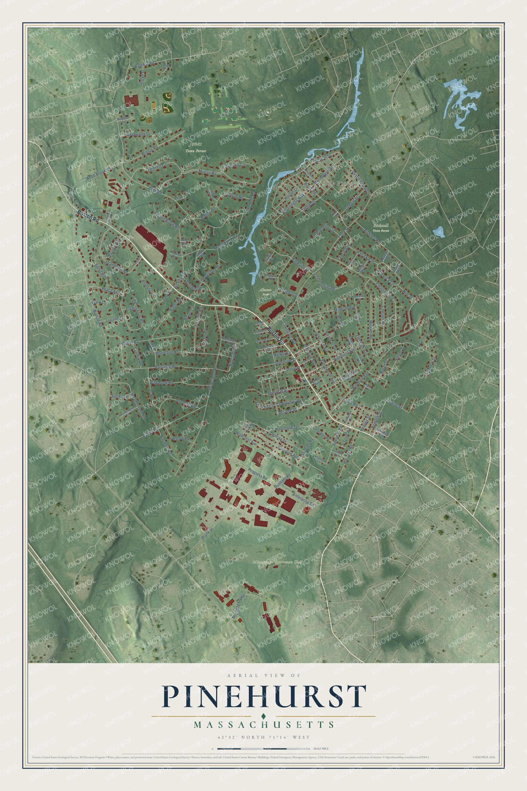 Full map of Pinehurst, Massachusetts, with red buildings, printed street names and the land around them