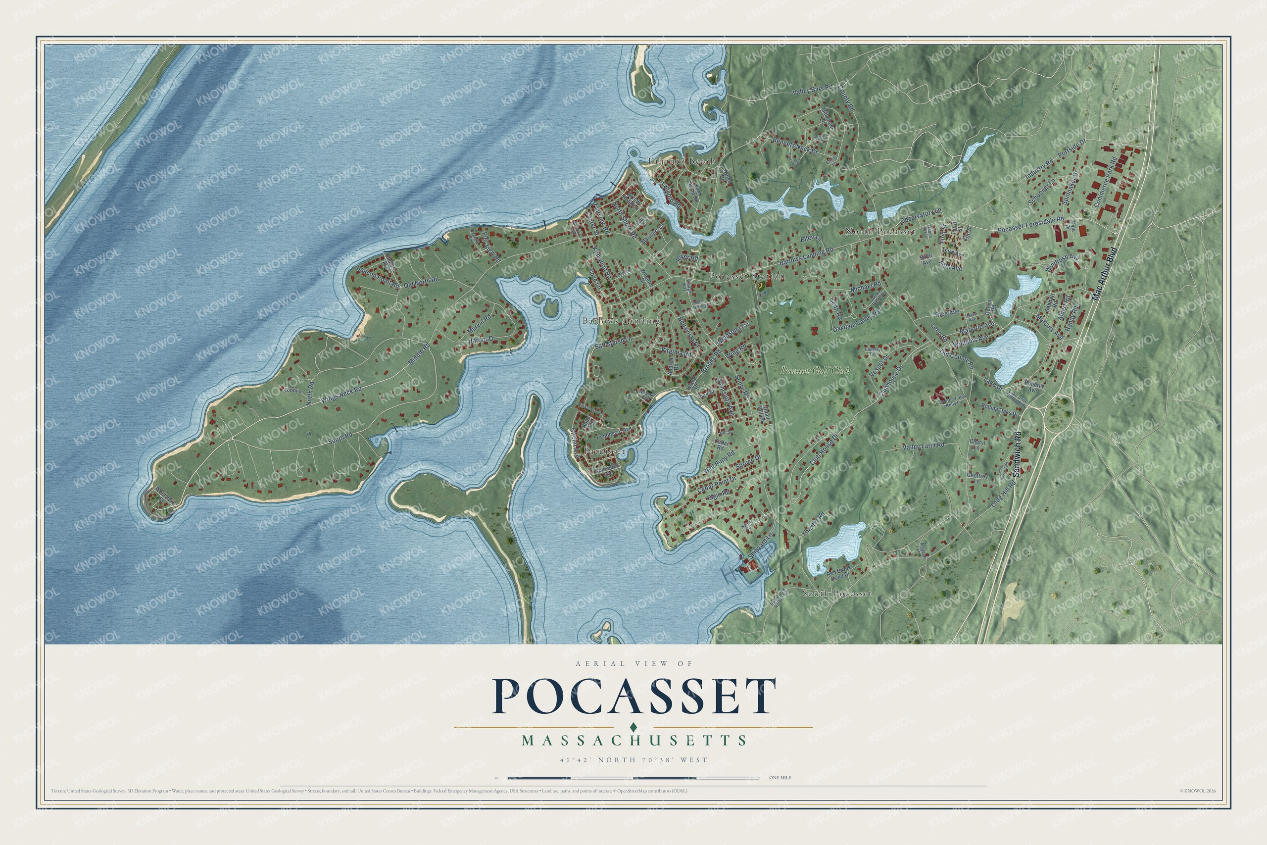 Full map of Pocasset, Massachusetts, with red buildings, printed street names and the land around them