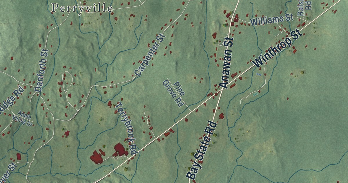 Close-up of streets and buildings in Rehoboth, Massachusetts