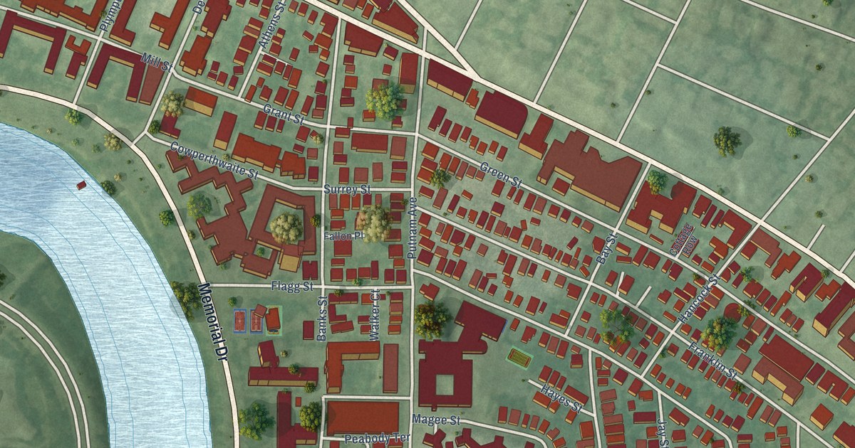 Close-up of streets and buildings in Riverside, Massachusetts