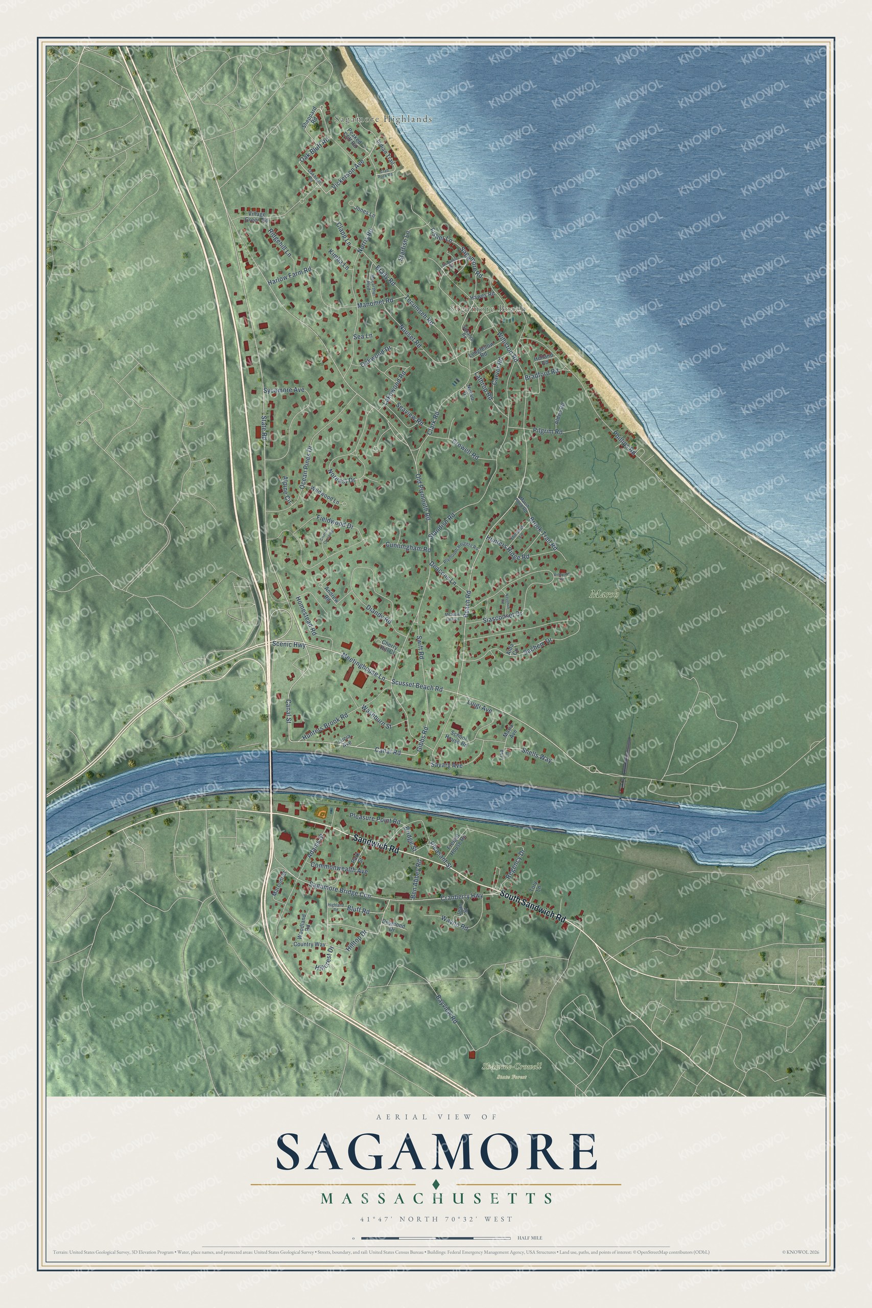 Full map of Sagamore, Massachusetts, with red buildings, printed street names and the land around them