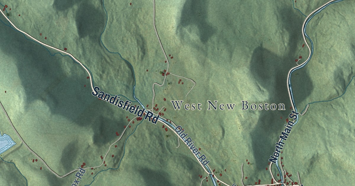 Close-up of streets and buildings in Sandisfield, Massachusetts