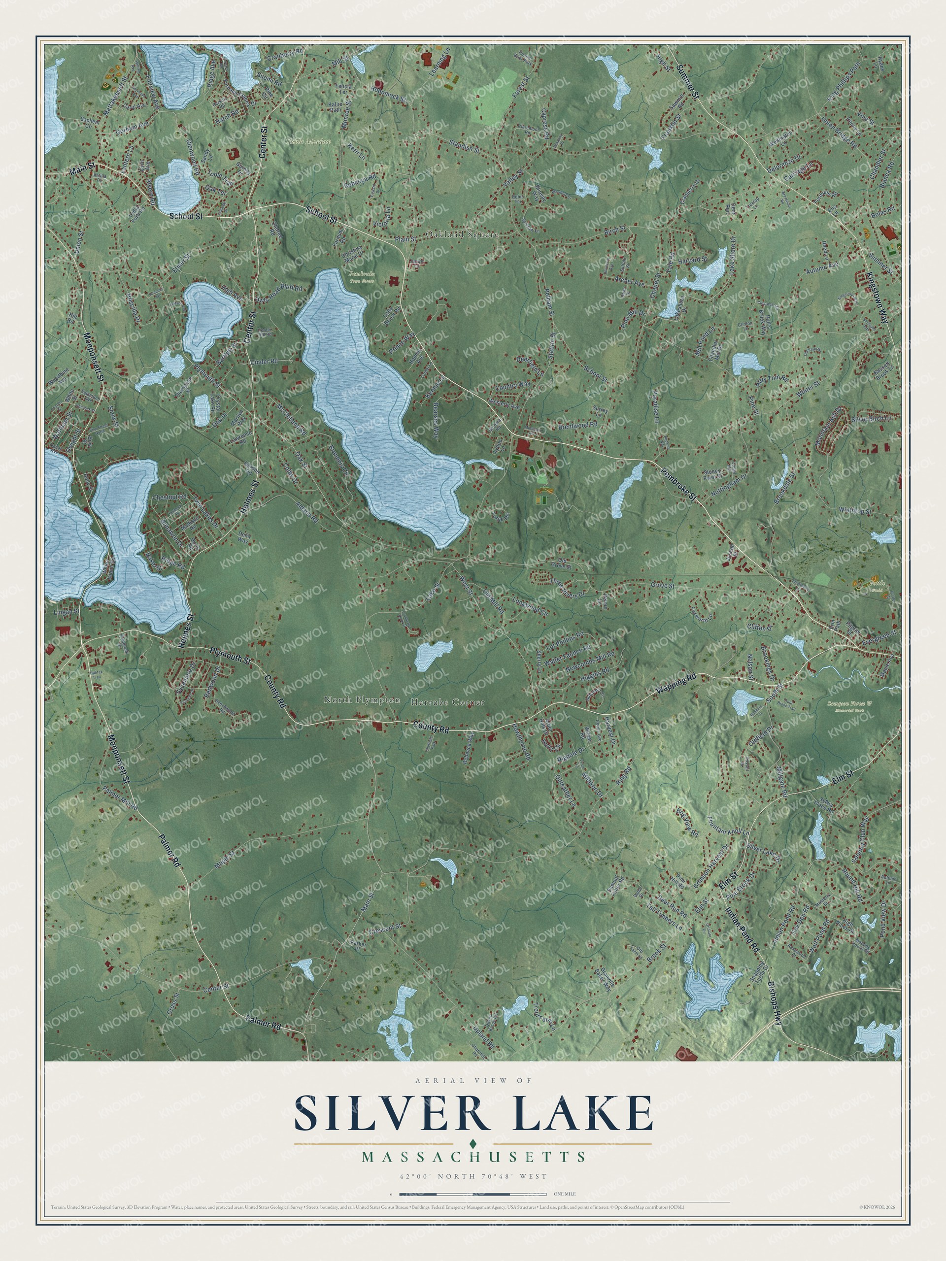 Full map of Silver Lake, Massachusetts, with red buildings, printed street names and the land around them