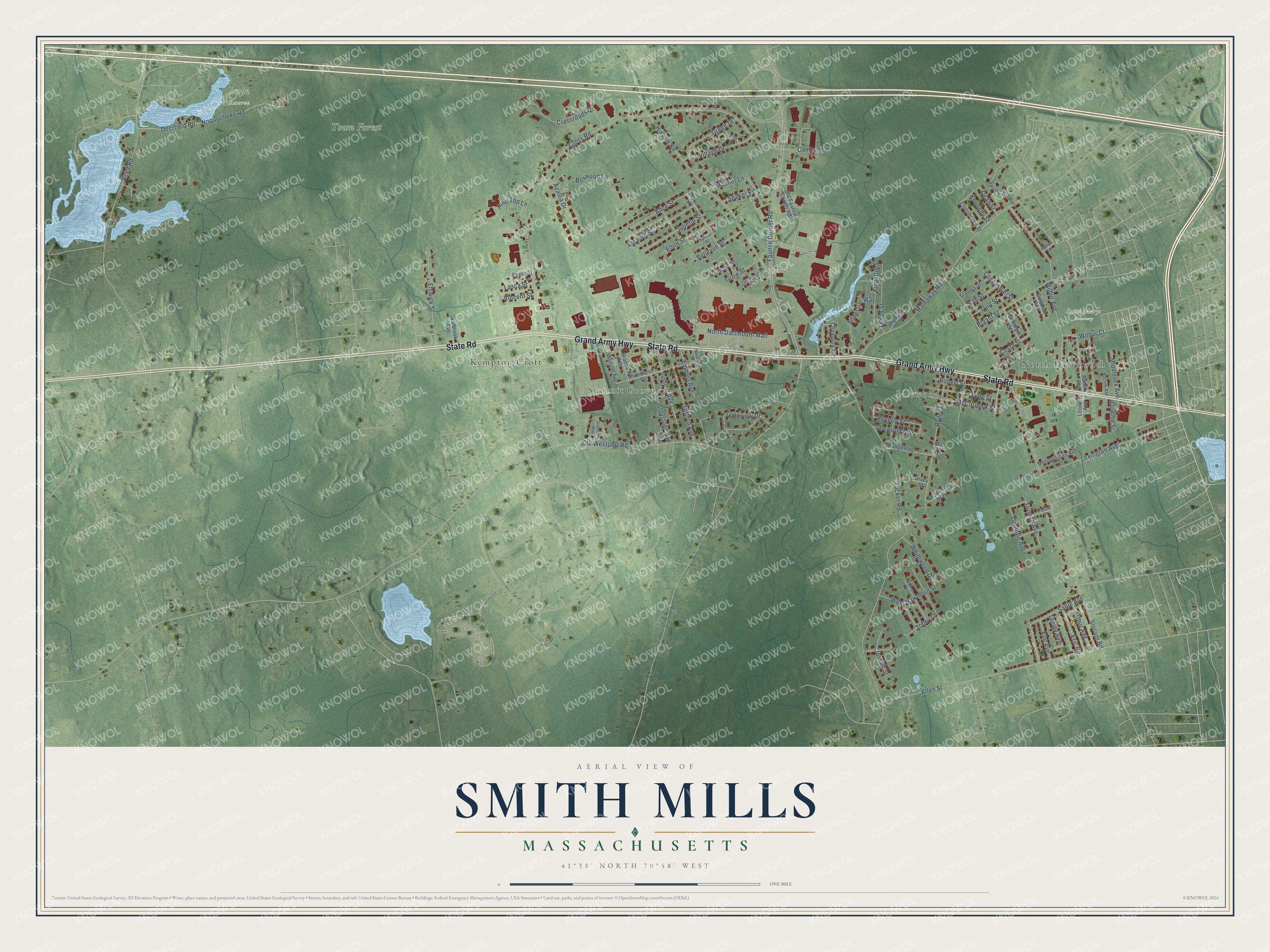 Full map of Smith Mills, Massachusetts, with red buildings, printed street names and the land around them