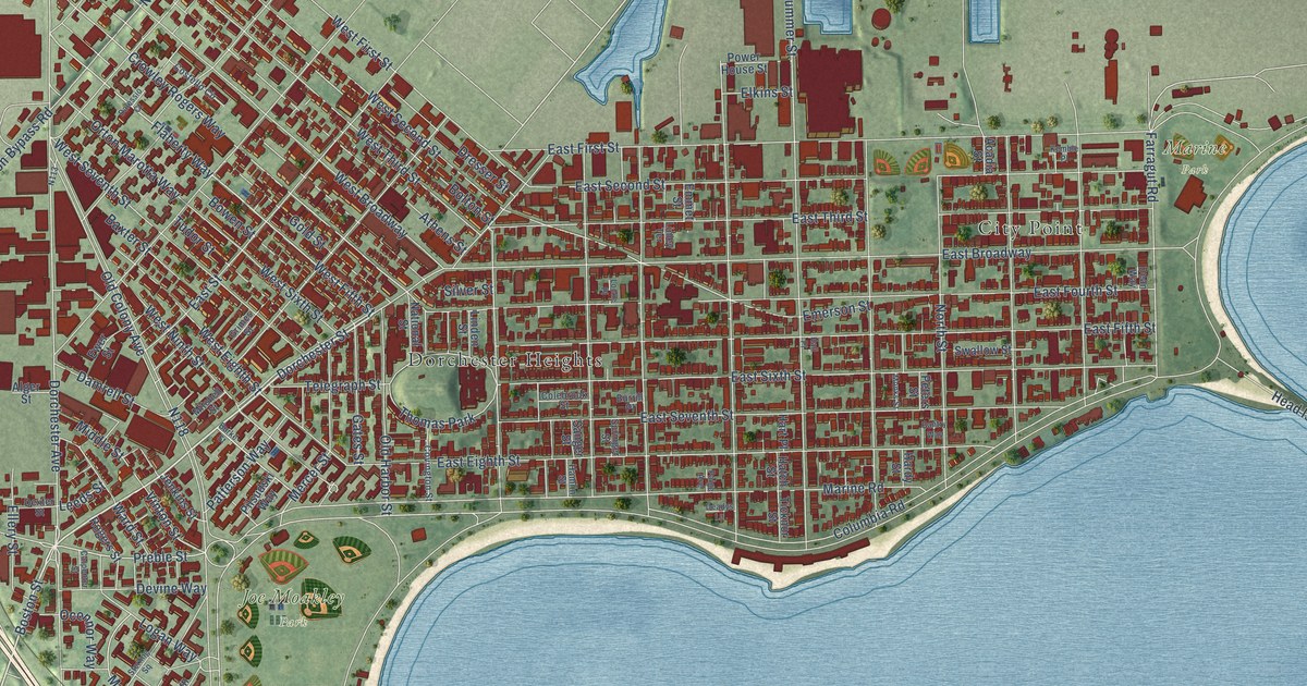 Close-up of streets and buildings in South Boston, Massachusetts