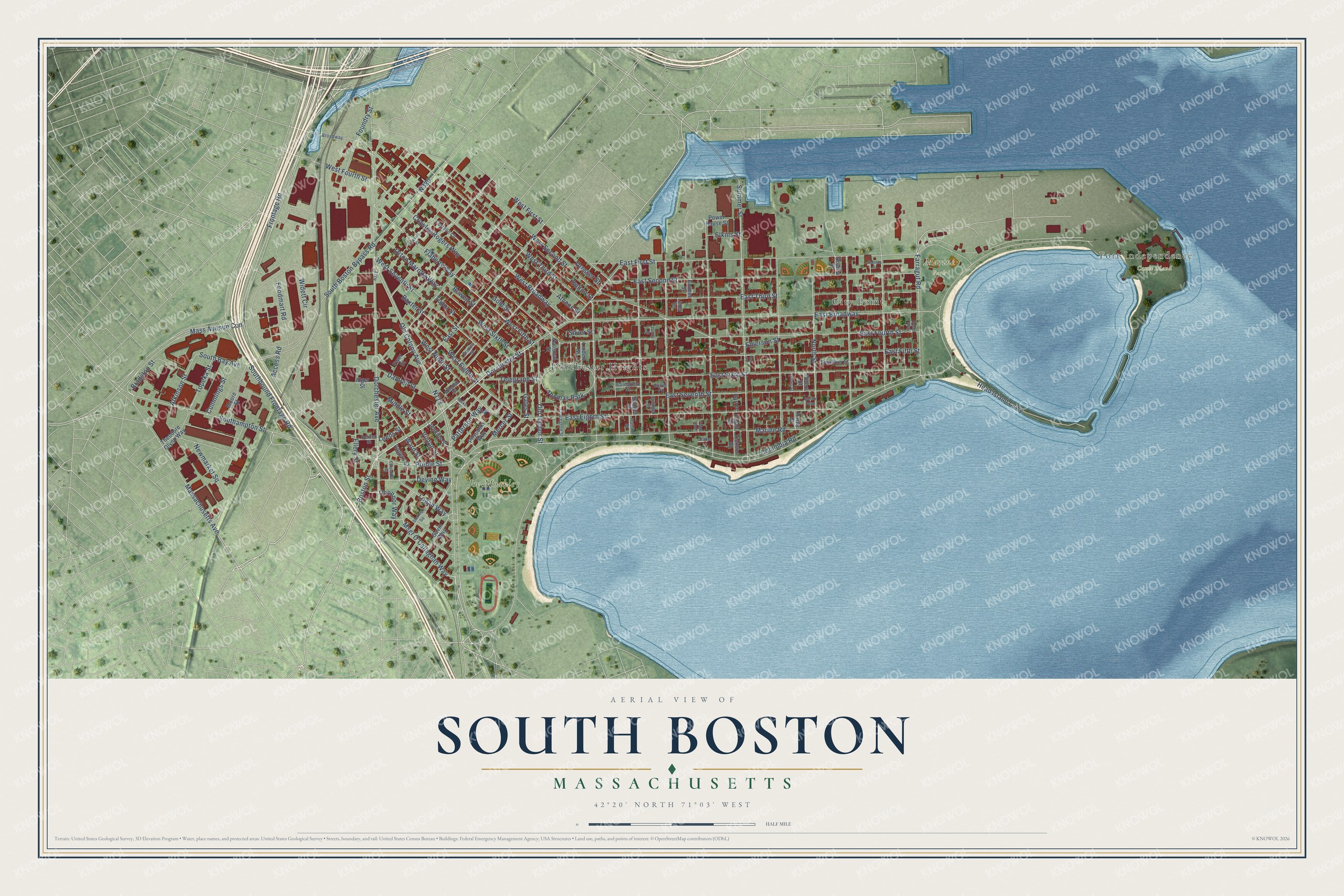Full map of South Boston, Massachusetts, with red buildings, printed street names and the land around them