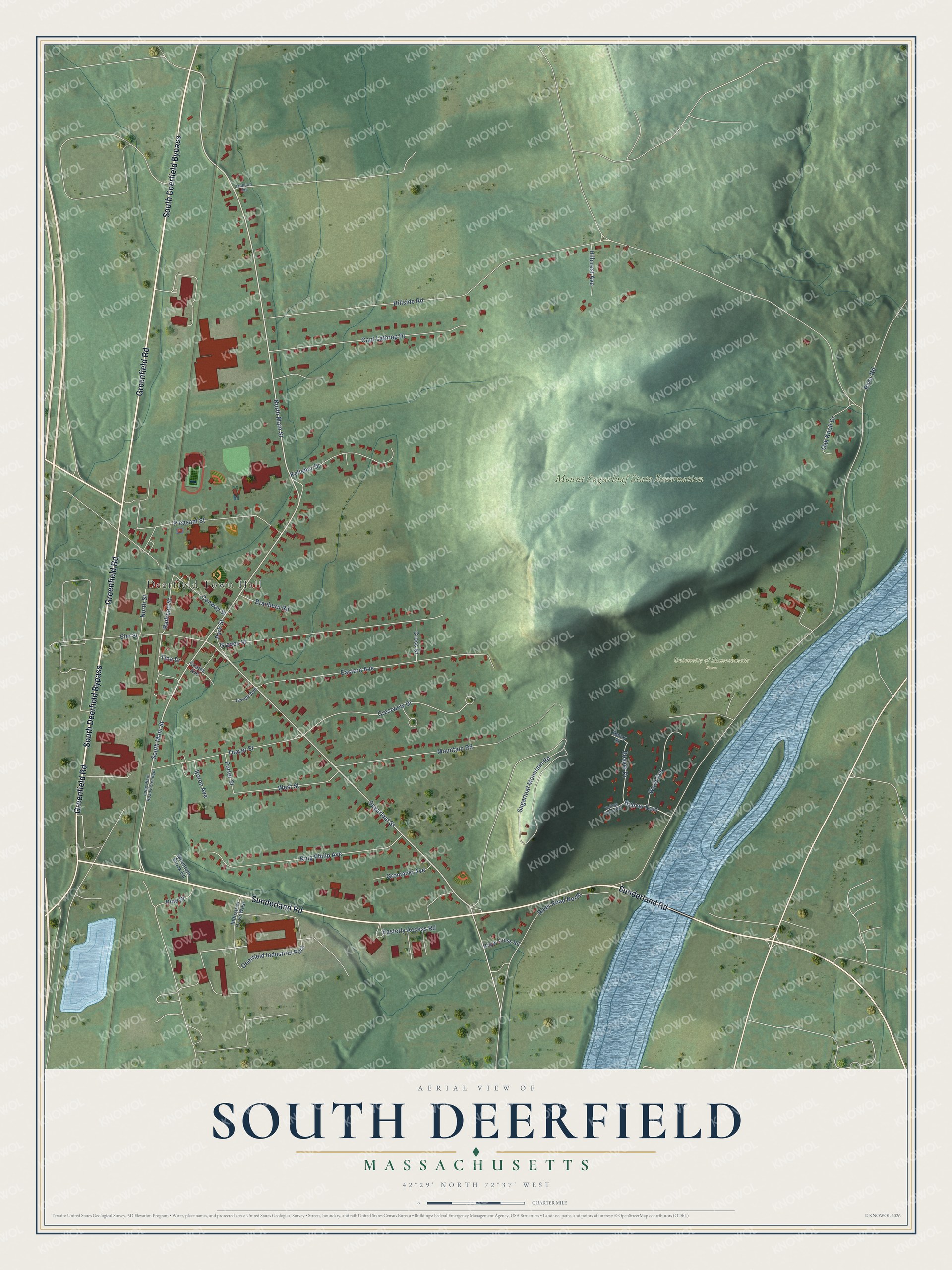 Full map of South Deerfield, Massachusetts, with red buildings, printed street names and the land around them