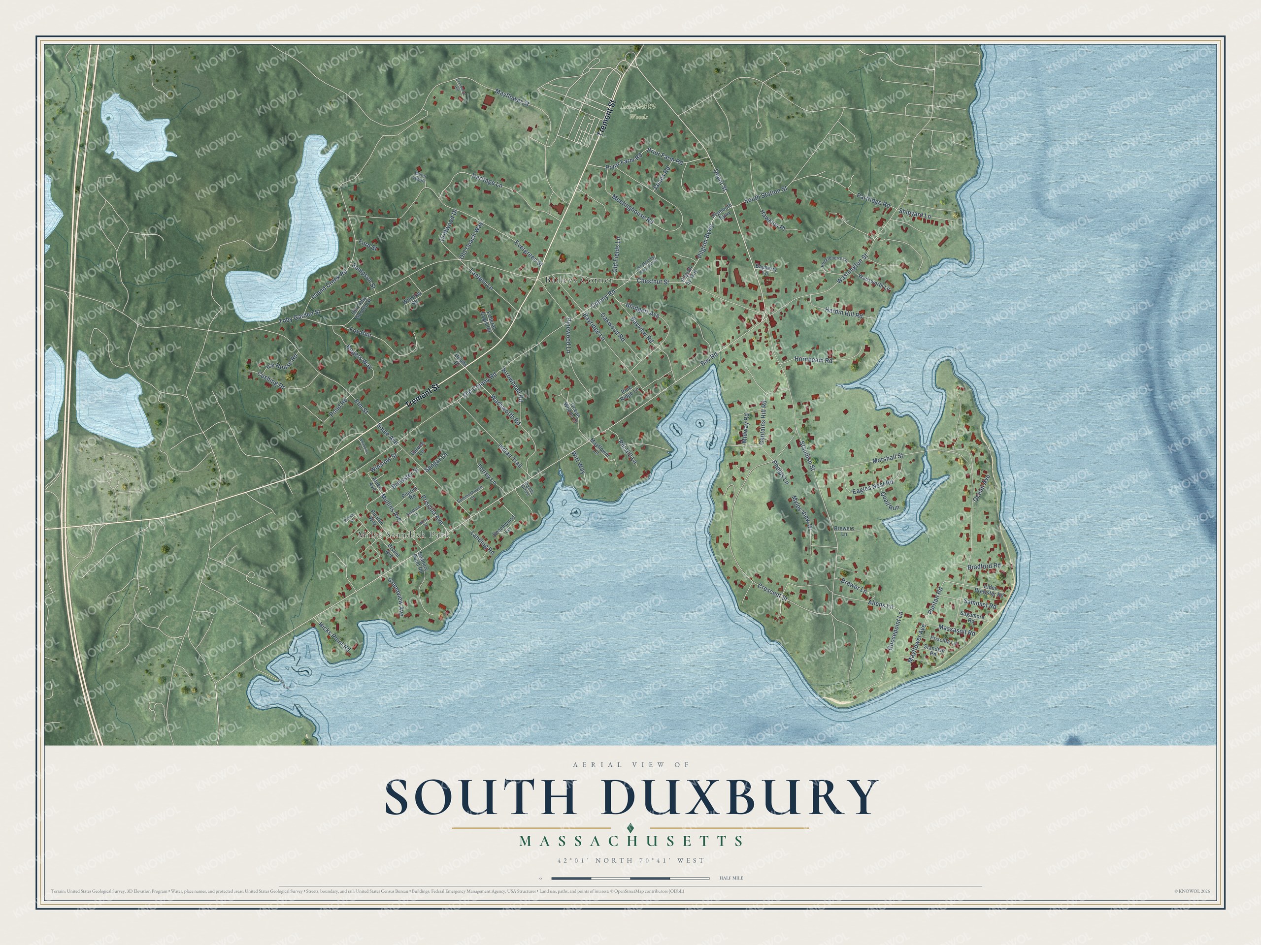 Full map of South Duxbury, Massachusetts, with red buildings, printed street names and the land around them