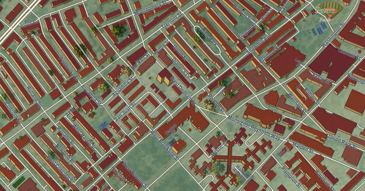 Close-up of streets and buildings in South End, Massachusetts