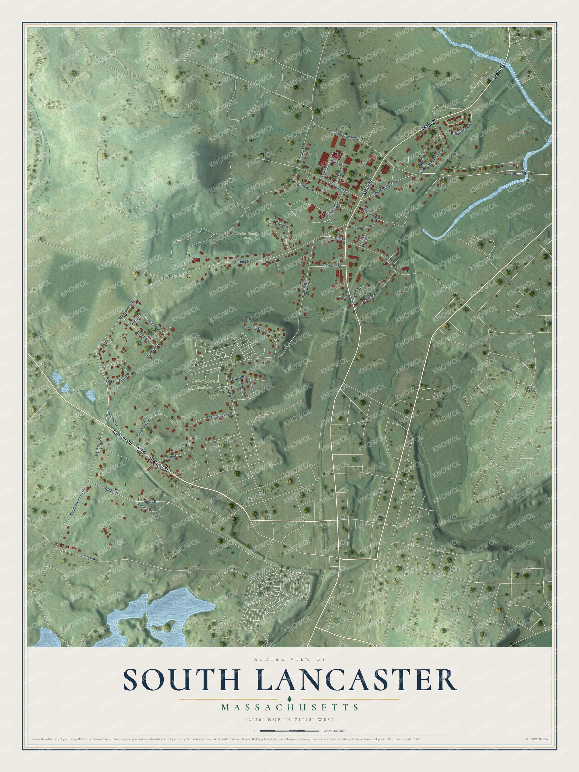 Full map of South Lancaster, Massachusetts, with red buildings, printed street names and the land around them