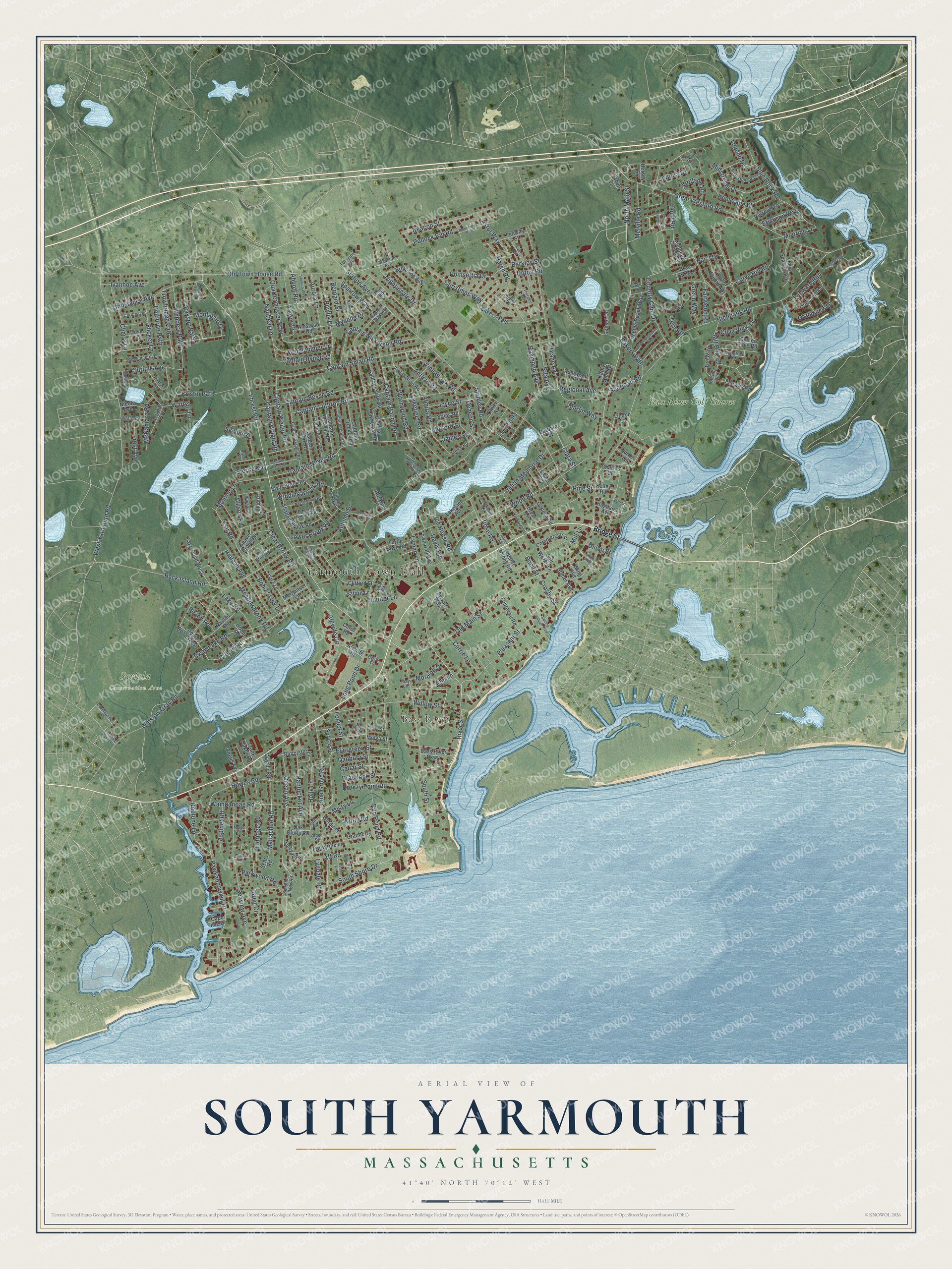 Full map of South Yarmouth, Massachusetts, with red buildings, printed street names and the land around them
