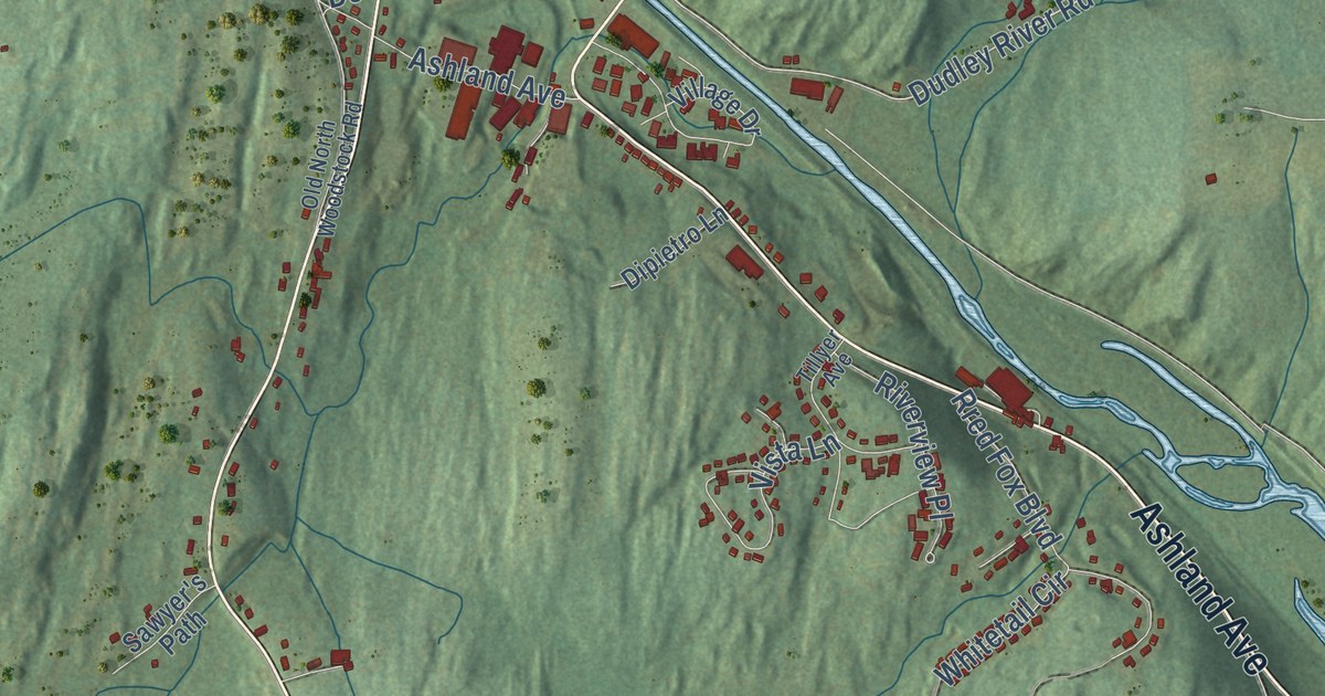 Close-up of streets and buildings in Southbridge, Massachusetts