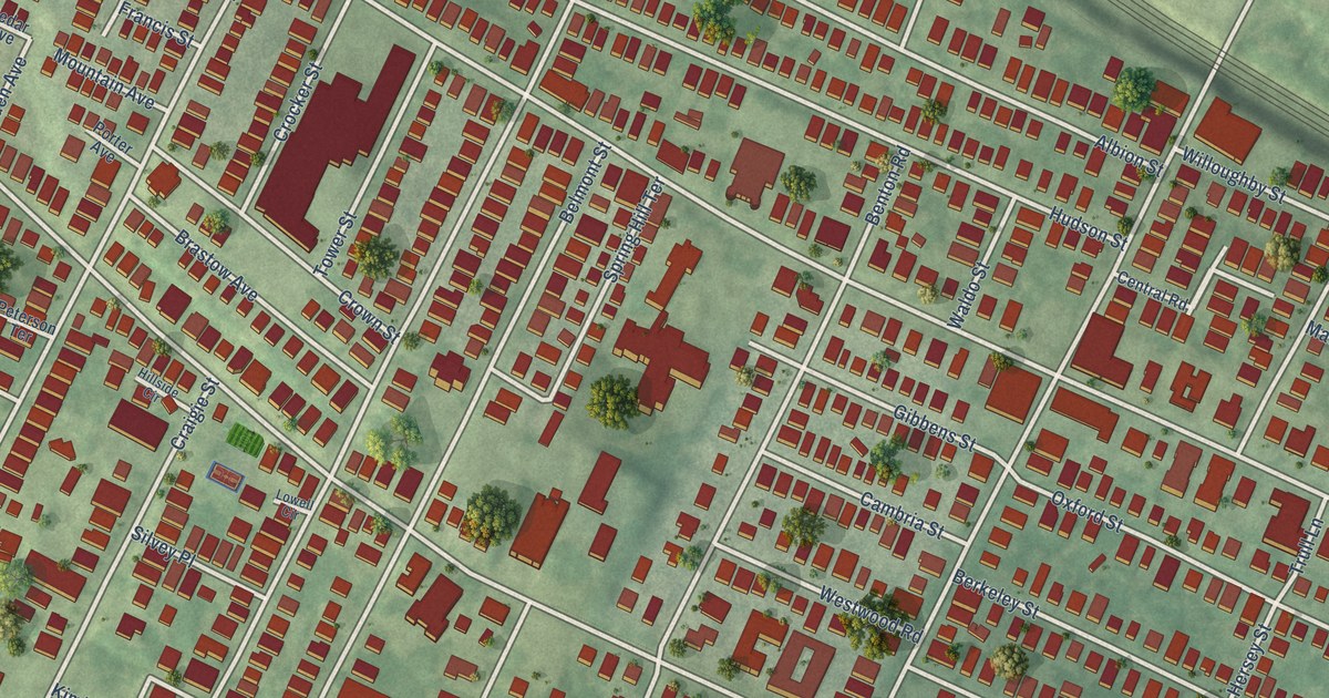 Close-up of streets and buildings in Spring Hill, Massachusetts