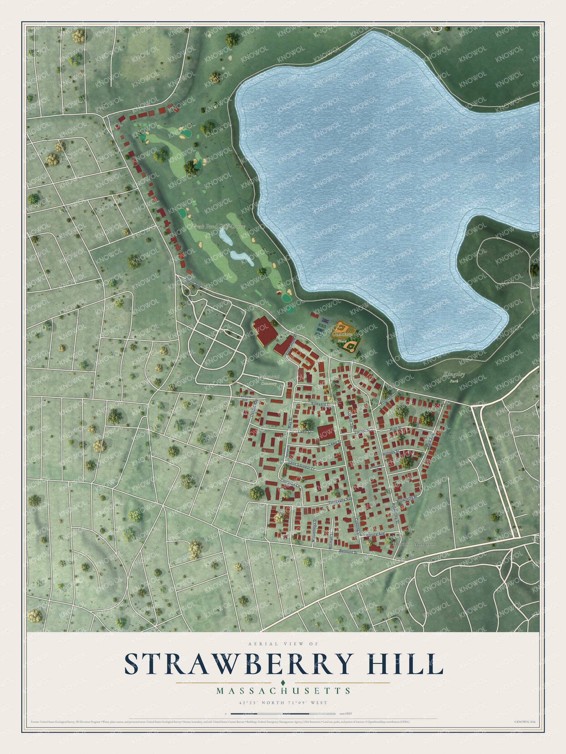 Full map of Strawberry Hill, Massachusetts, with red buildings, printed street names and the land around them