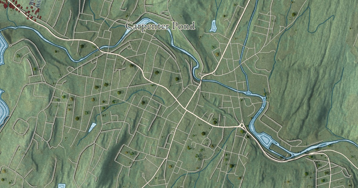 Close-up of streets and buildings in Sturbridge, Massachusetts