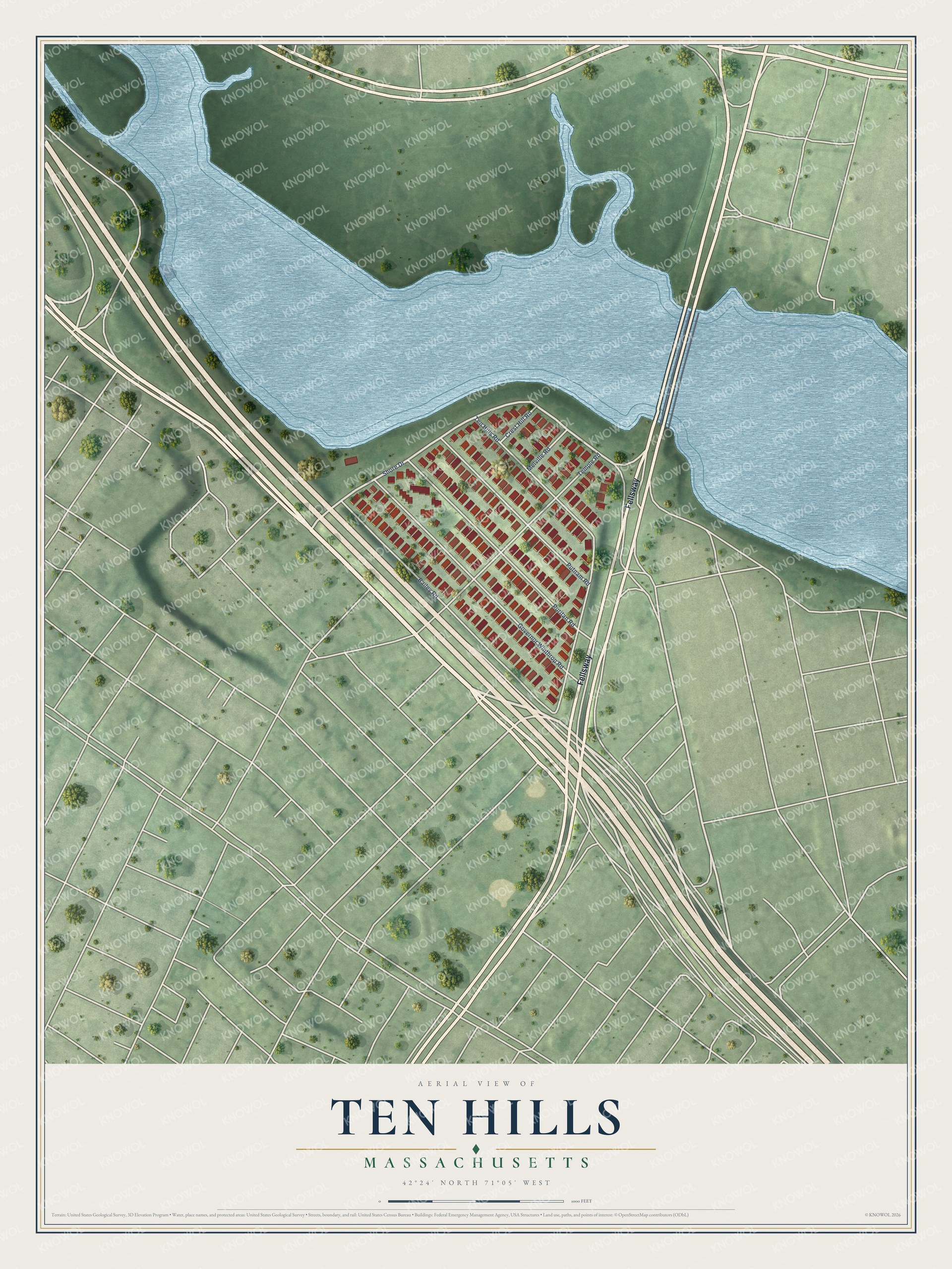 Full map of Ten Hills, Massachusetts, with red buildings, printed street names and the land around them