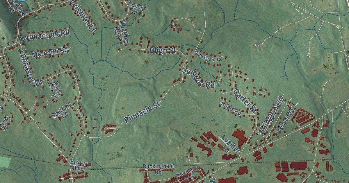 Close-up of streets and buildings in Tewksbury, Massachusetts