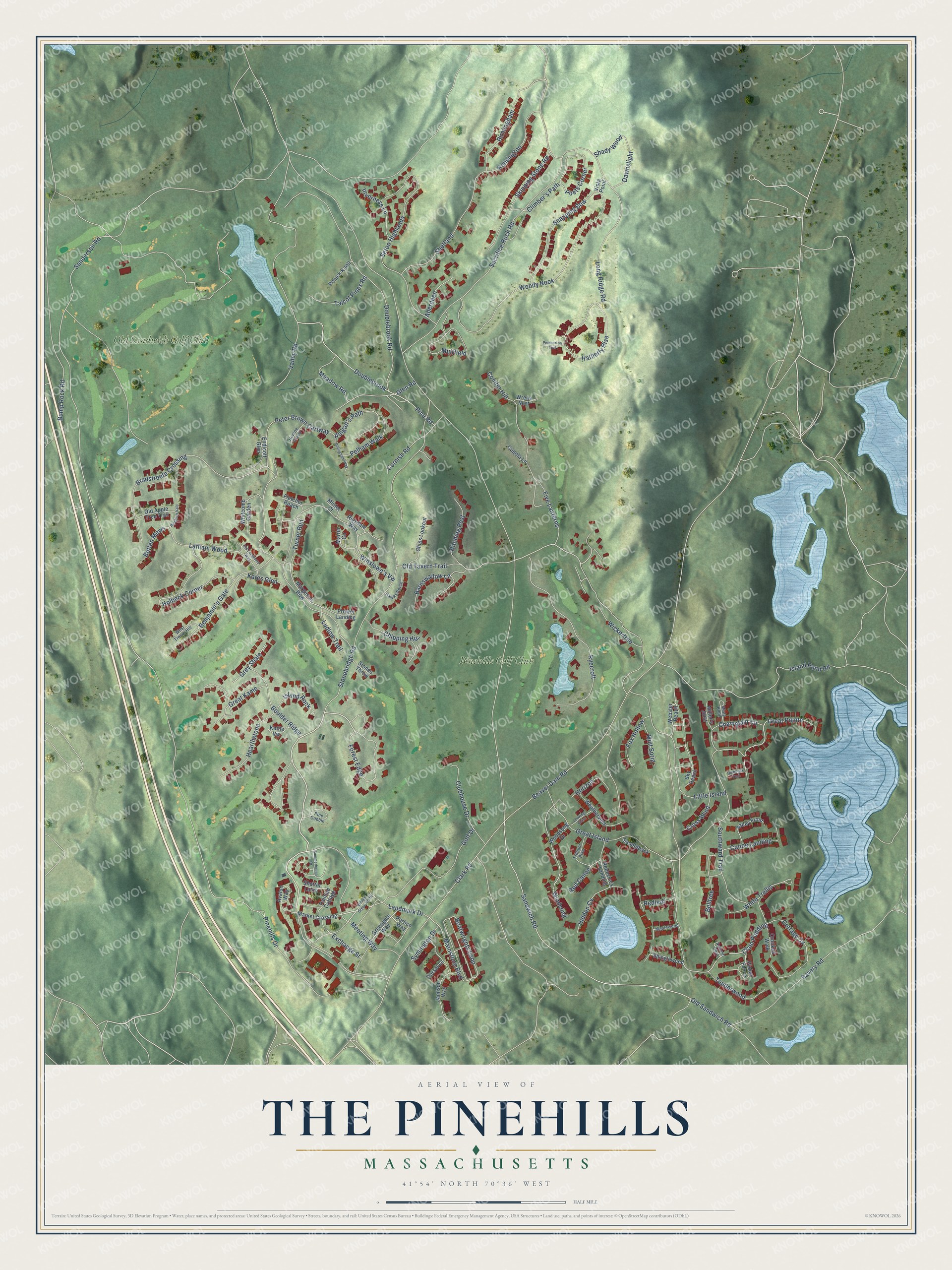 Full map of The Pinehills, Massachusetts, with red buildings, printed street names and the land around them