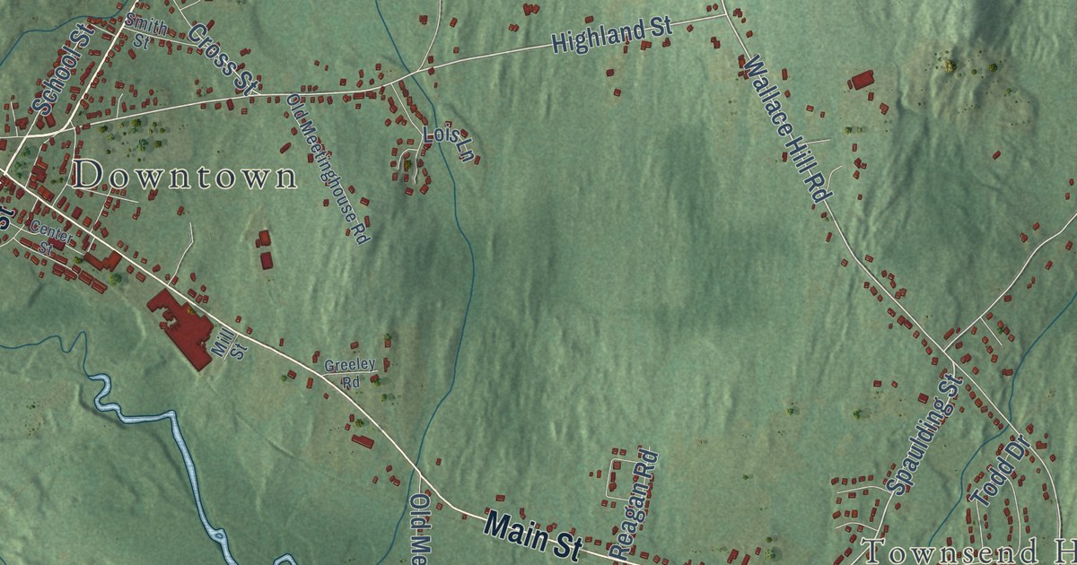 Close-up of streets and buildings in Townsend, Massachusetts